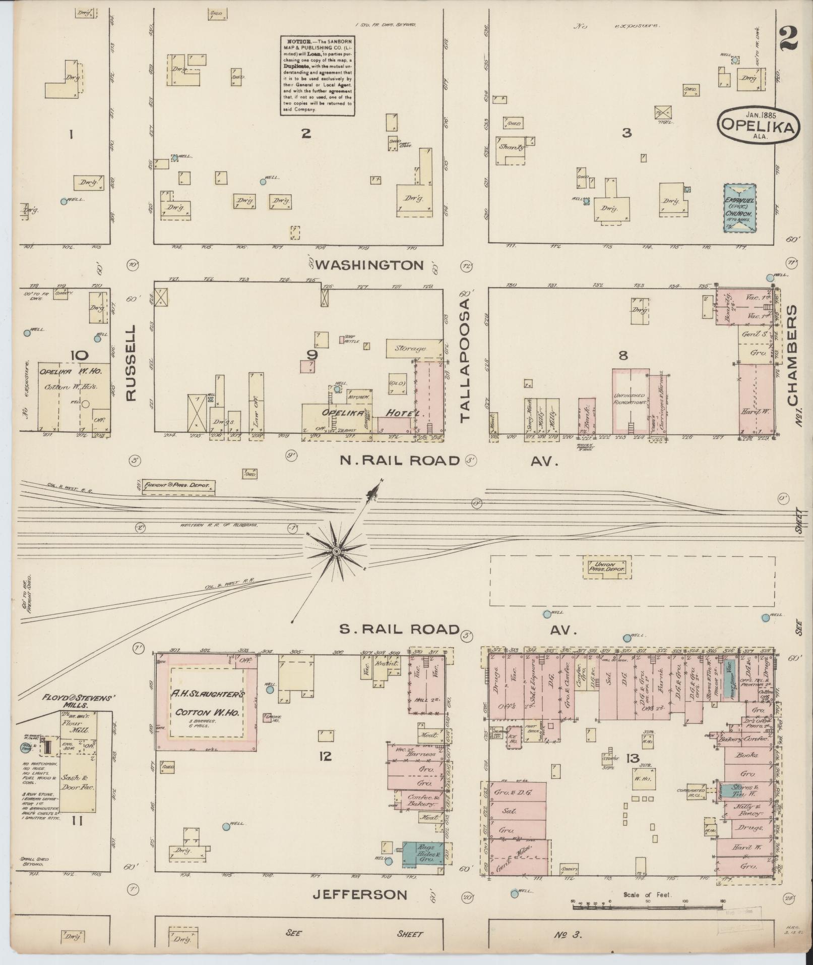 Sanborn Fire Insurance Map from Opelika, Lee County, Alabama (1885), Sheet #0002 - Historic Sanborn Fire Insurance Map Print, vintage old map wall art, antique decor, genealogy gift, Alabama Alabama map