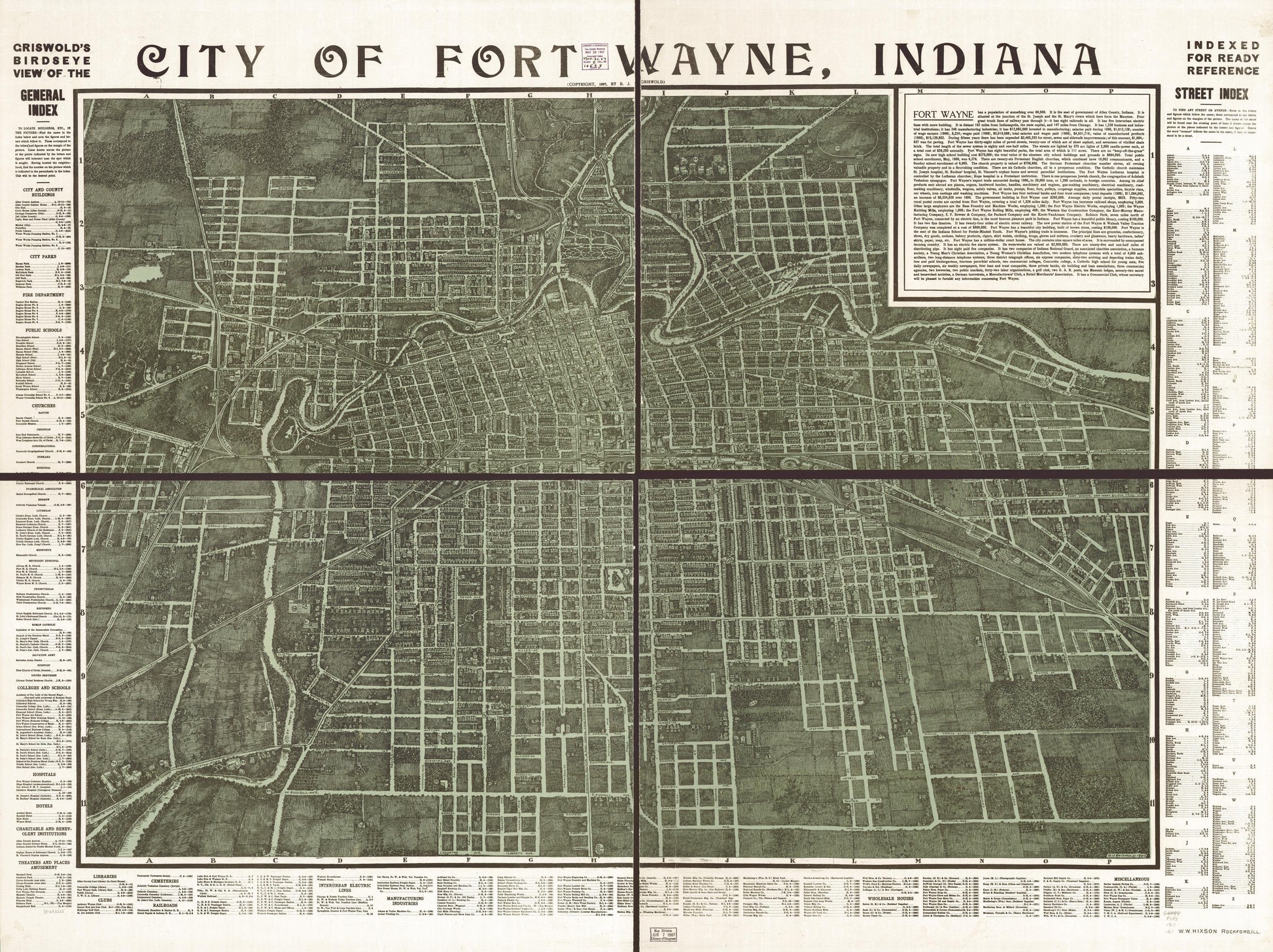 Griswold's birdseye view of the city of Fort Wayne, Indiana indexed for ready reference. (1907) – Historic Bird’s-Eye View Panorama Print