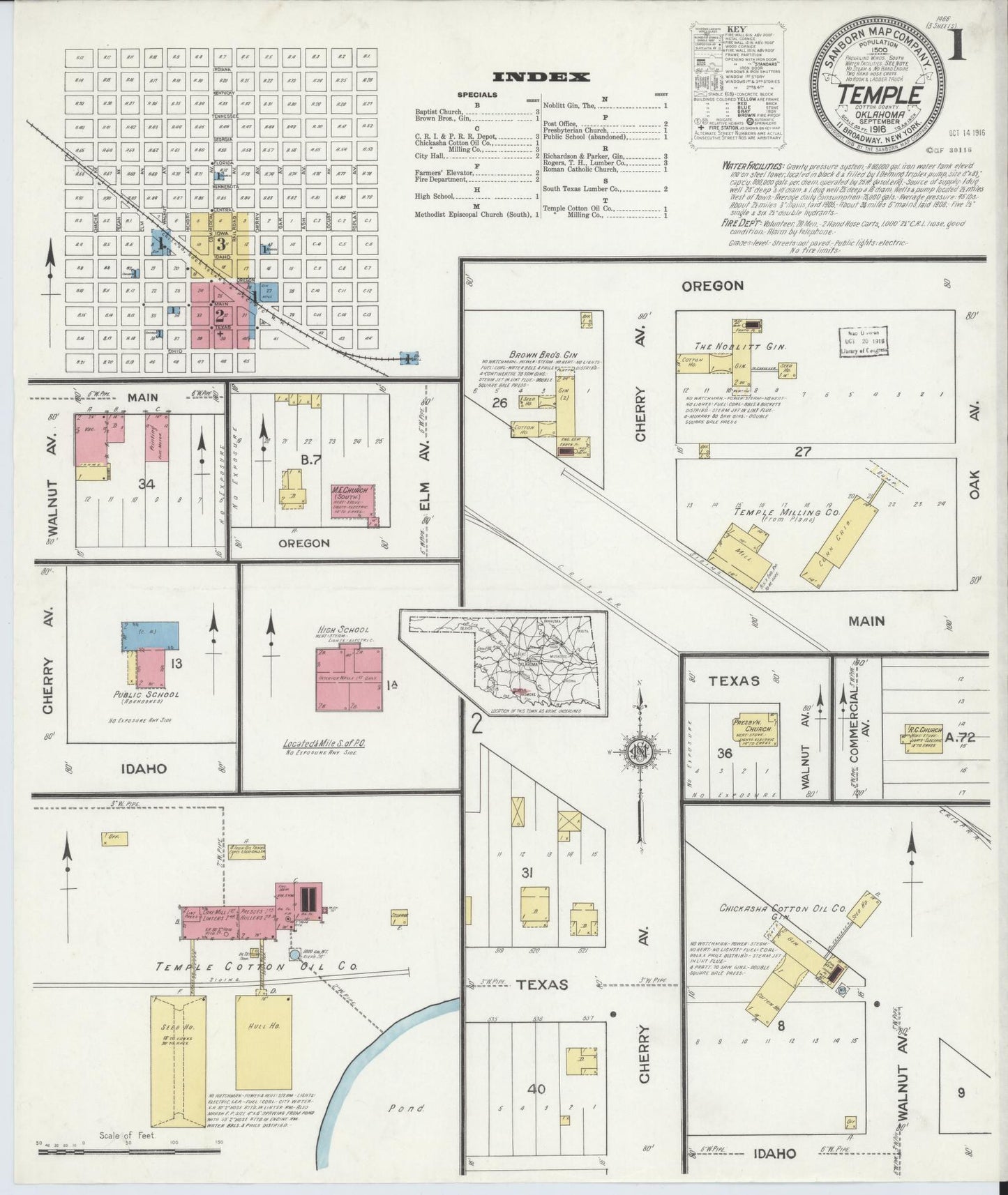 Sanborn Fire Insurance Map from Temple, Cotton County, Oklahoma (1916), Sheet #0001 - Complete Map Set gallery image, historic Sanborn map, vintage wall art, Oklahoma Oklahoma