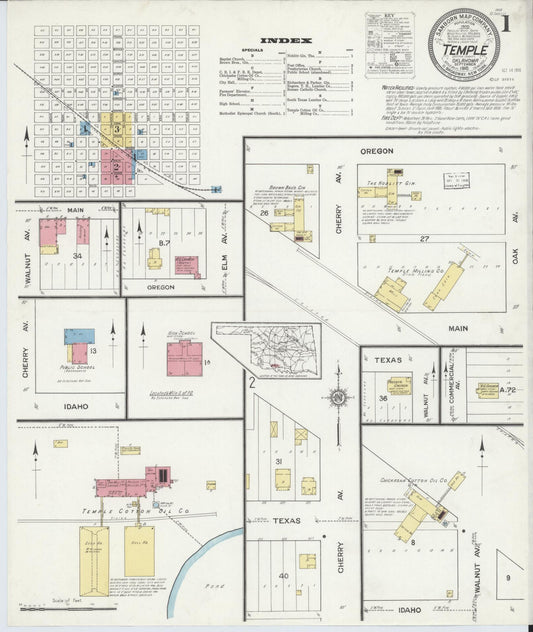 Sanborn Fire Insurance Map from Temple, Cotton County, Oklahoma (1916), Sheet #0001 - Complete Map Set gallery image, historic Sanborn map, vintage wall art, Oklahoma Oklahoma
