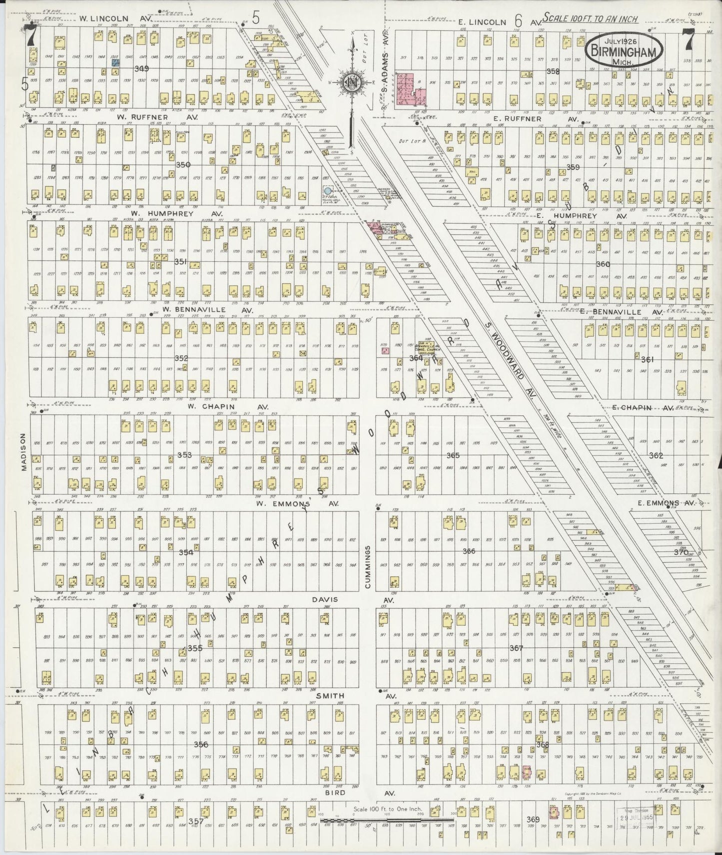 Sanborn Fire Insurance Map from Birmingham, Oakland County, Michigan (1926), Sheet #0007 - Complete Map Set gallery image, historic Sanborn map, vintage wall art, Michigan Michigan