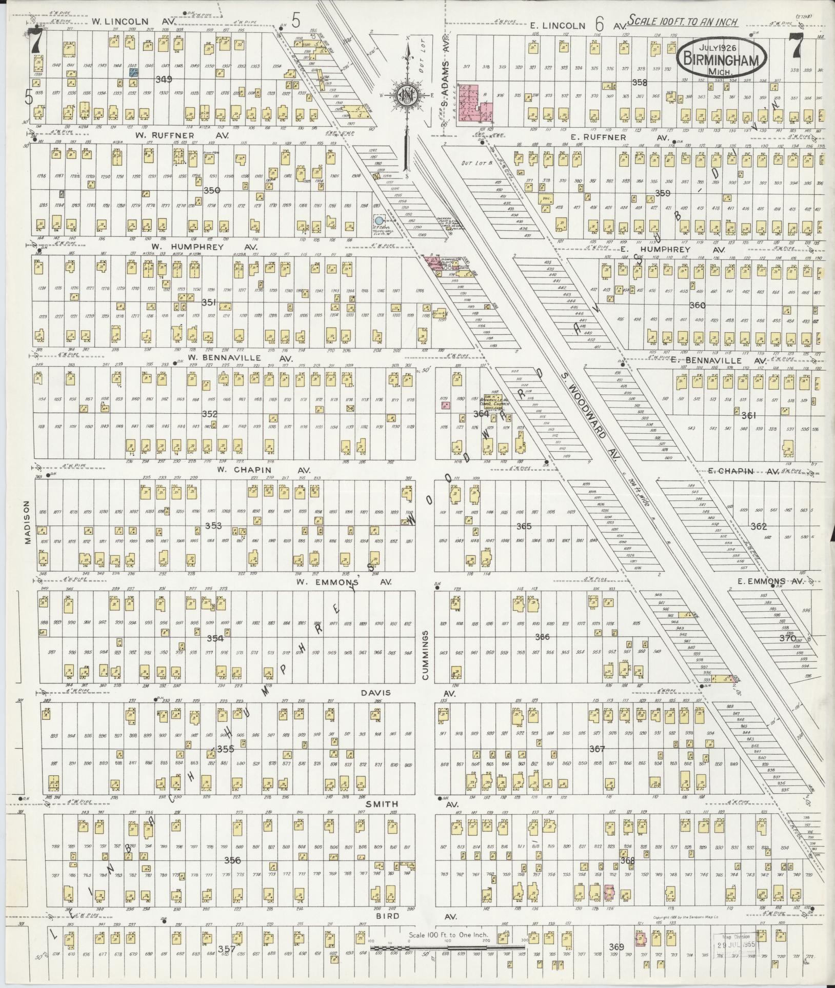 Sanborn Fire Insurance Map from Birmingham, Oakland County, Michigan (1926), Sheet #0007 - Complete Map Set gallery image, historic Sanborn map, vintage wall art, Michigan Michigan