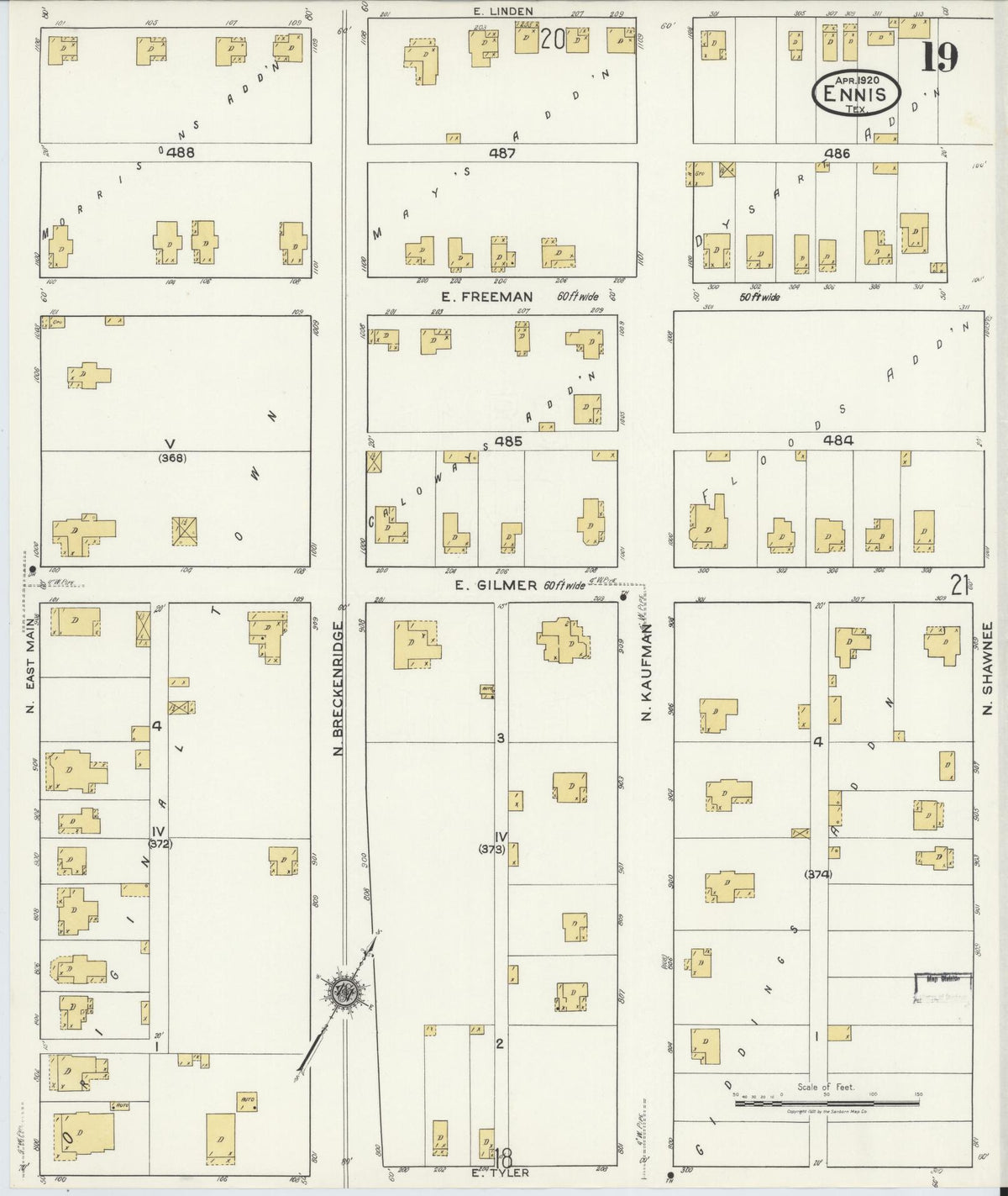 Sanborn Fire Insurance Map from Ennis, Ellis County, Texas (1920), Sheet #0019 - Historic Sanborn Fire Insurance Map Print, vintage old map wall art, antique decor, genealogy gift, Texas Texas map