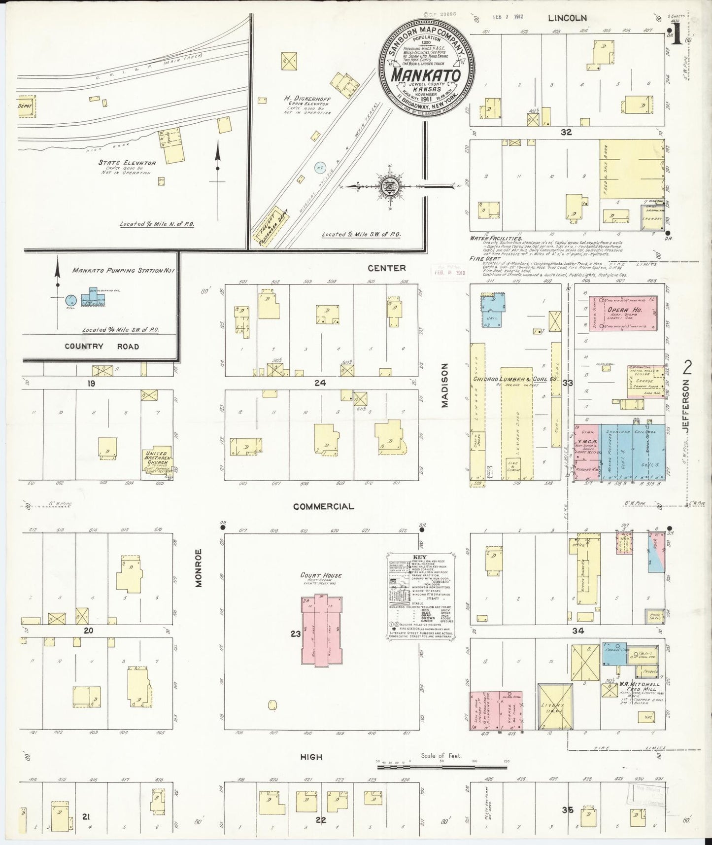 Sanborn Fire Insurance Map from Mankato, Jewell County, Kansas (1911), Sheet #0001 - Historic Sanborn Fire Insurance Map Print, vintage old map wall art, antique decor, genealogy gift, Kansas Kansas map