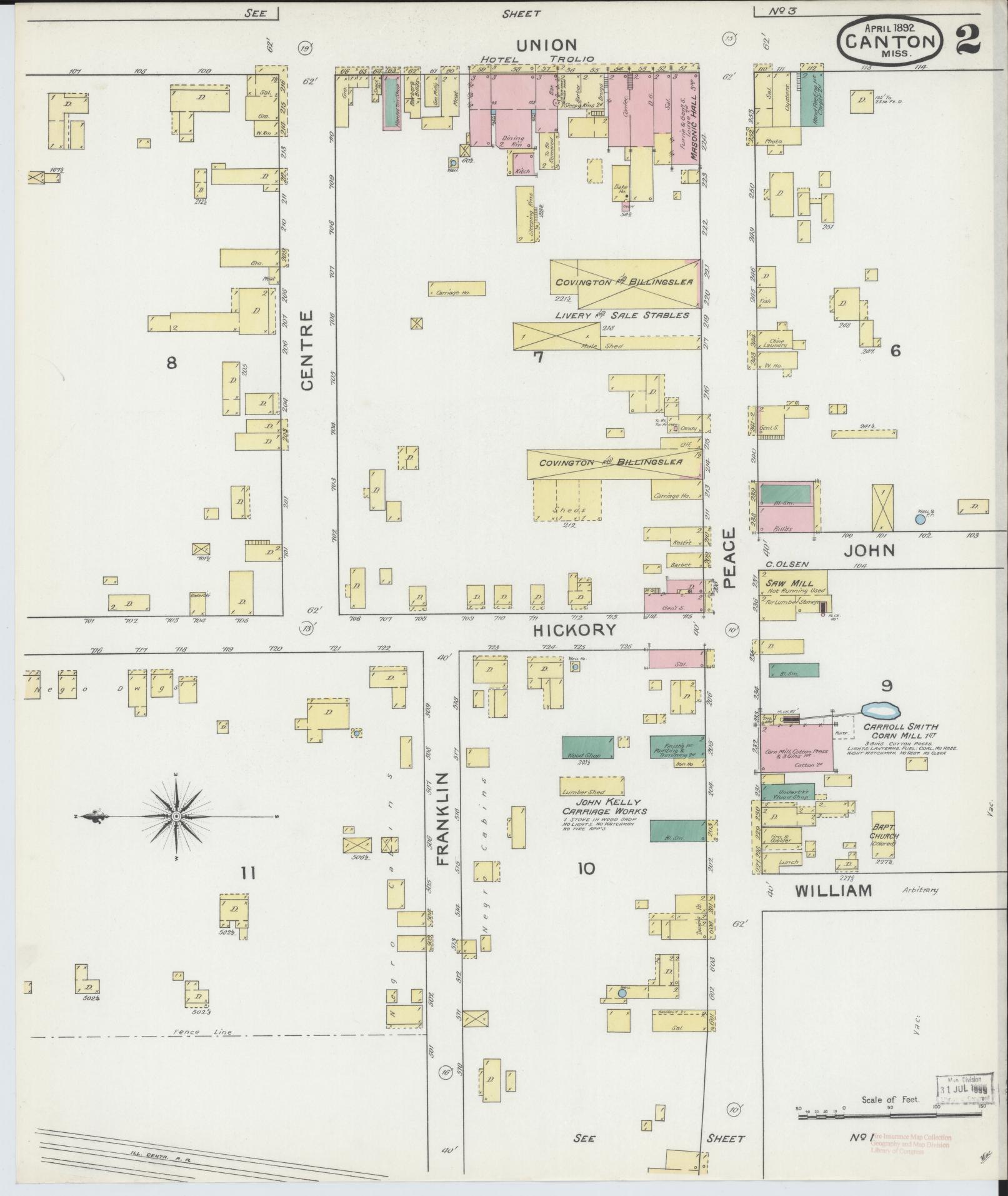 Sanborn Fire Insurance Map from Canton, Madison County, Mississippi (1892), Sheet #0002 - Historic Sanborn Fire Insurance Map Print, vintage old map wall art, antique decor, genealogy gift, Mississippi Mississippi map