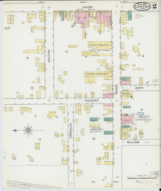 Sanborn Fire Insurance Map from Canton, Madison County, Mississippi (1892), Sheet #0002 - Historic Sanborn Fire Insurance Map Print, vintage old map wall art, antique decor, genealogy gift, Mississippi Mississippi map