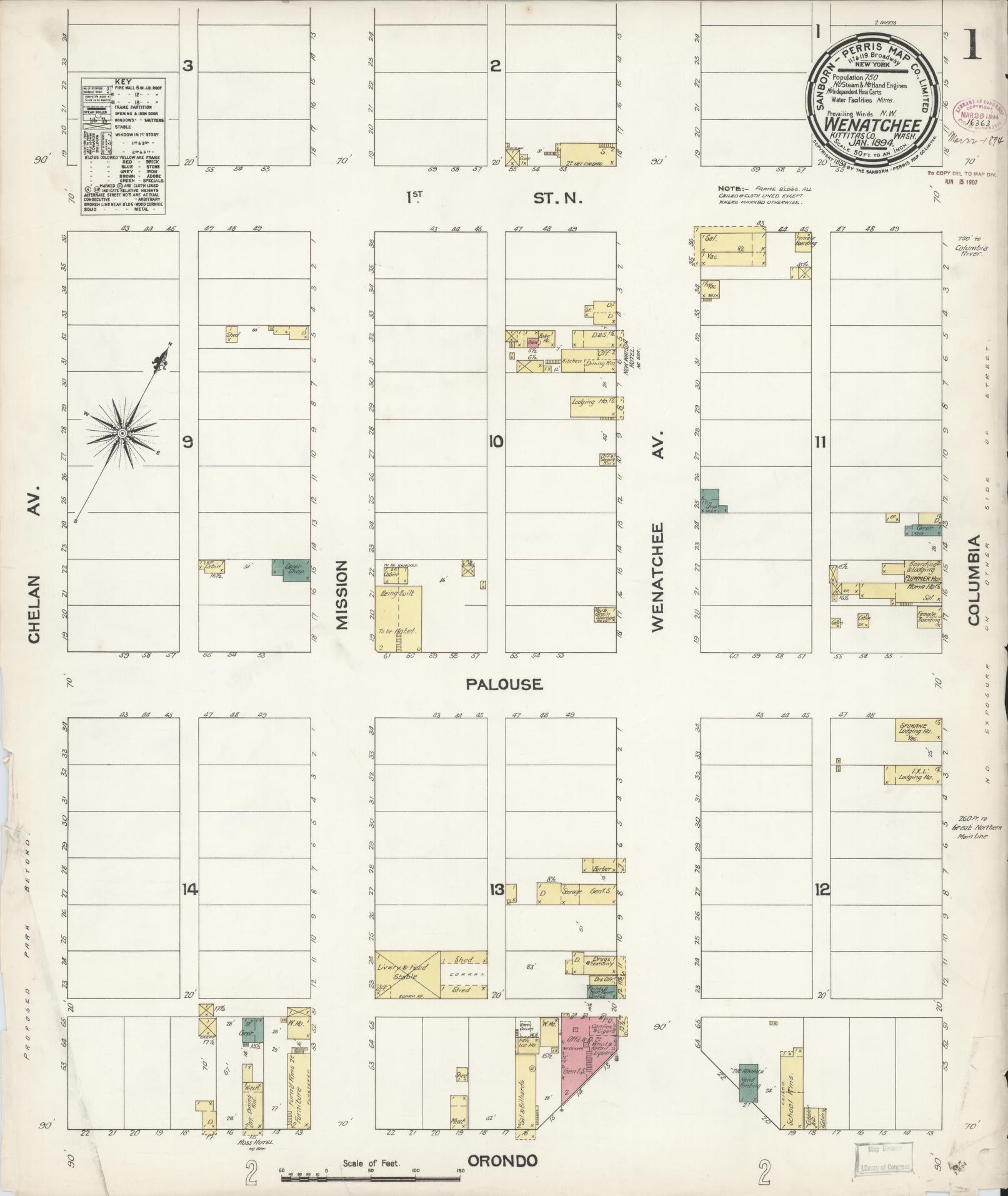 Sanborn Fire Insurance Map from Wenatchee, Chelan County, Washington (1894), Sheet #0001 - Complete Map Set gallery image, historic Sanborn map, vintage wall art, Washington Washington