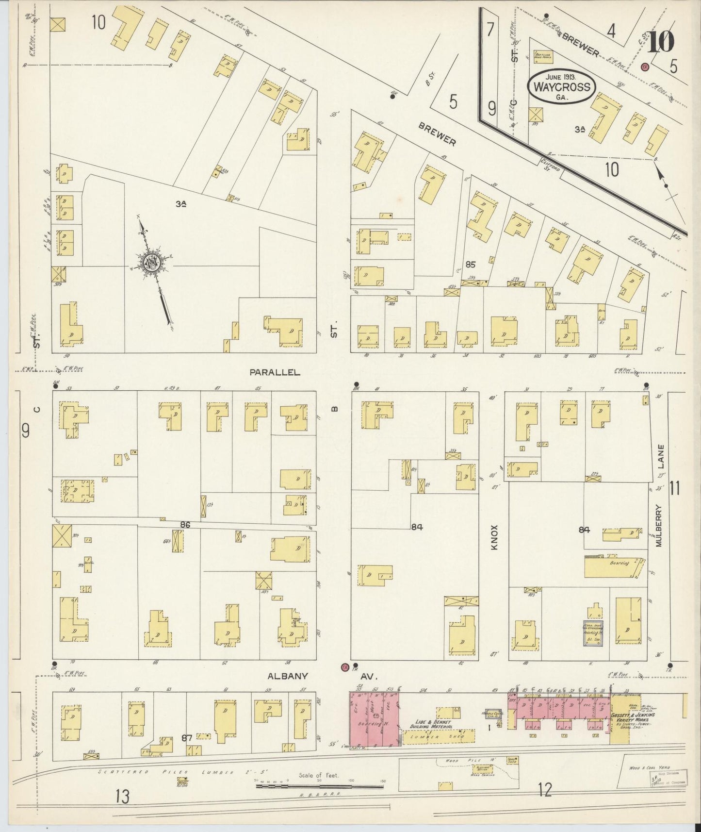 Sanborn Fire Insurance Map from Waycross, Ware County, Georgia (1913), Sheet #0010 - Complete Map Set gallery image, historic Sanborn map, vintage wall art, Georgia Georgia
