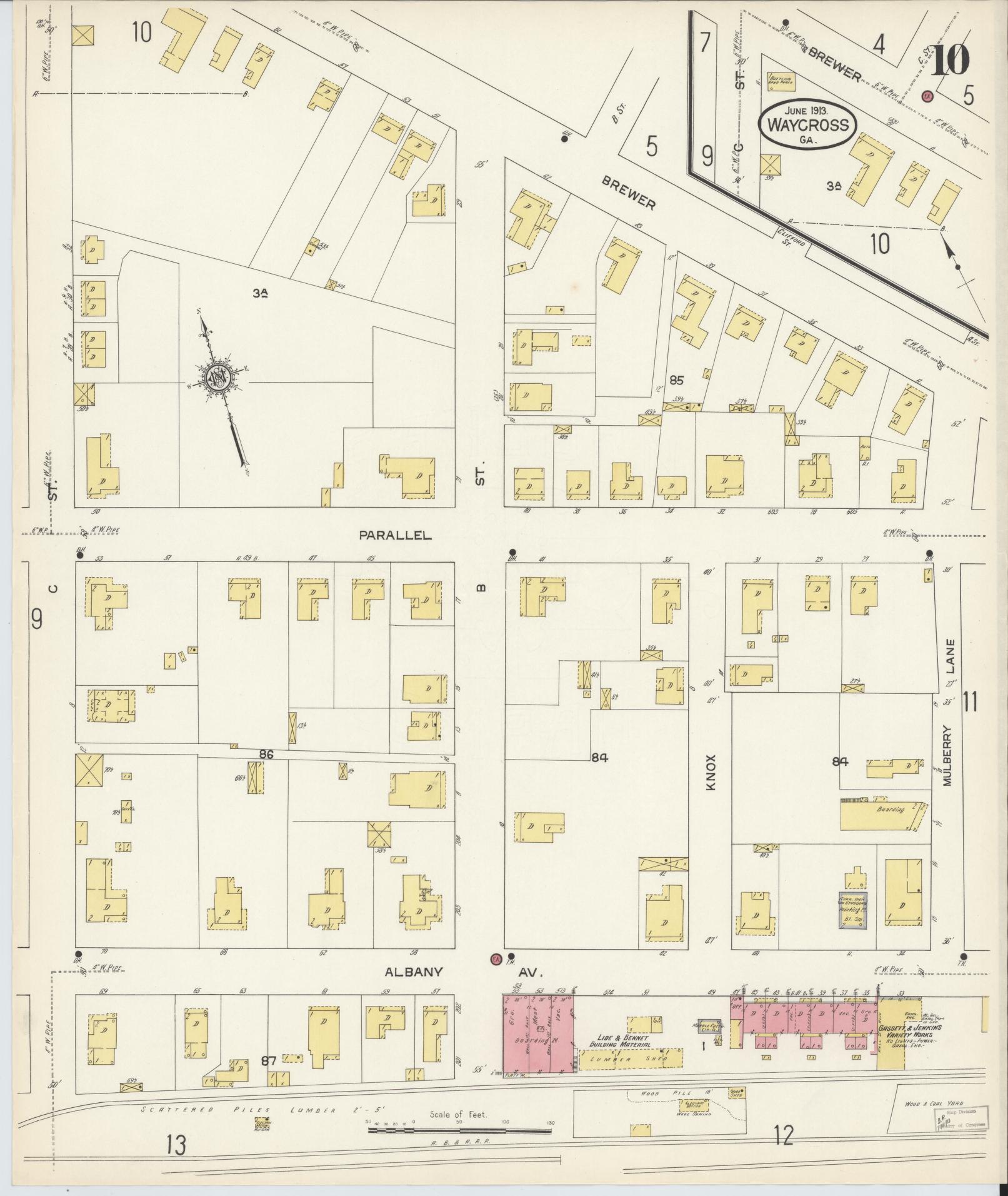 Sanborn Fire Insurance Map from Waycross, Ware County, Georgia (1913), Sheet #0010 - Complete Map Set gallery image, historic Sanborn map, vintage wall art, Georgia Georgia