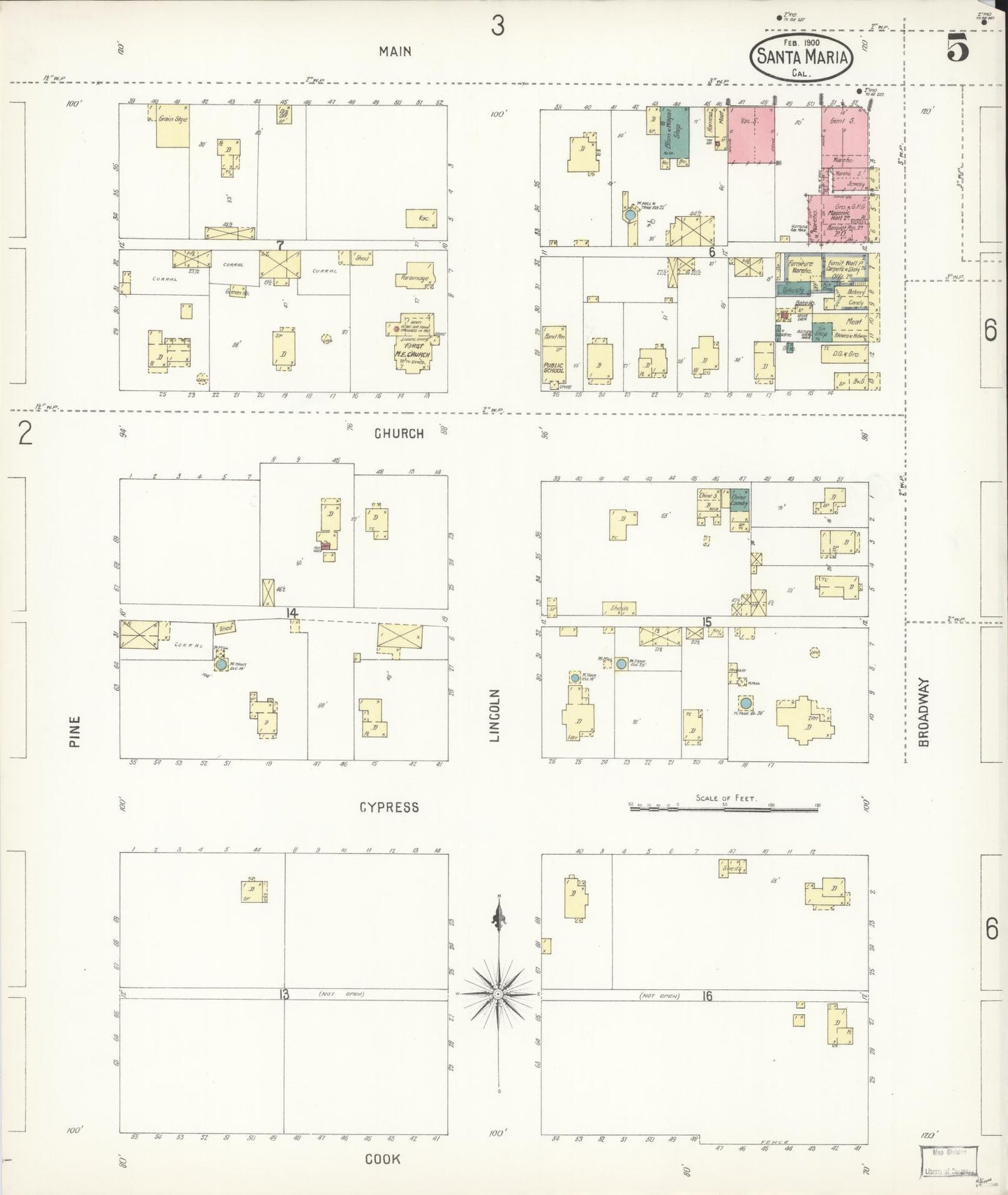 Sanborn Fire Insurance Map from Santa Maria, Santa Barbara County, California (1900), Sheet #0005 - Complete Map Set gallery image, historic Sanborn map, vintage wall art, California California