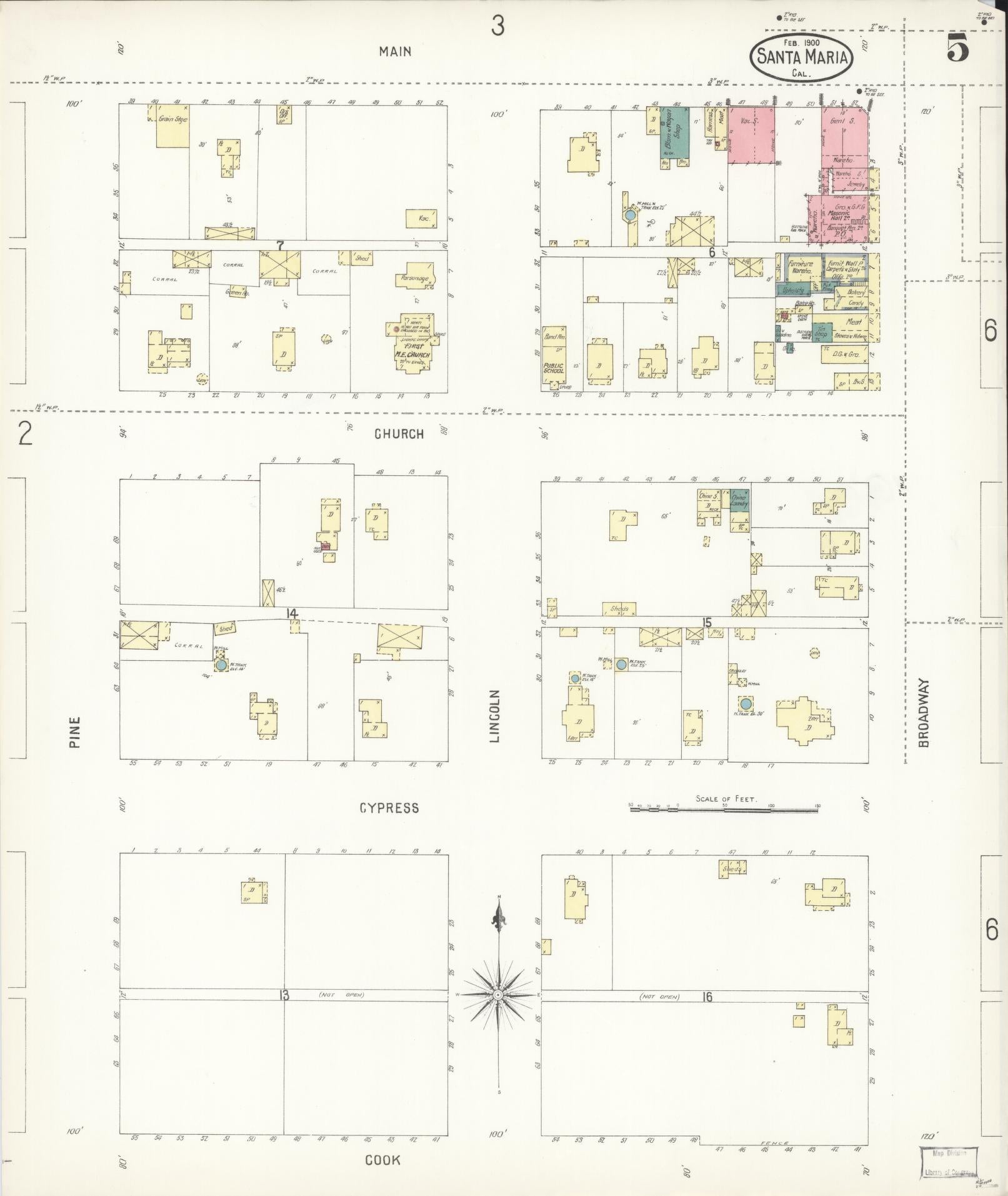 Sanborn Fire Insurance Map from Santa Maria, Santa Barbara County, California (1900), Sheet #0005 - Complete Map Set gallery image, historic Sanborn map, vintage wall art, California California