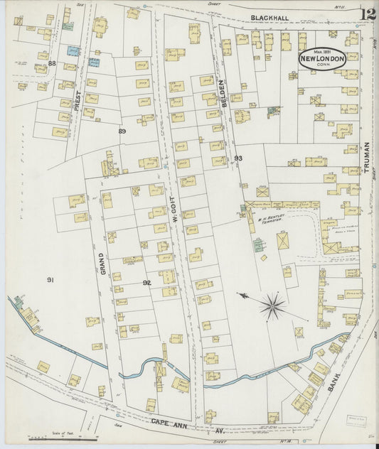 Sanborn Fire Insurance Map from New London, New London County, Connecticut (1891), Sheet #0012 - Historic Sanborn Fire Insurance Map Print, vintage old map wall art, antique decor, genealogy gift, Connecticut Connecticut map