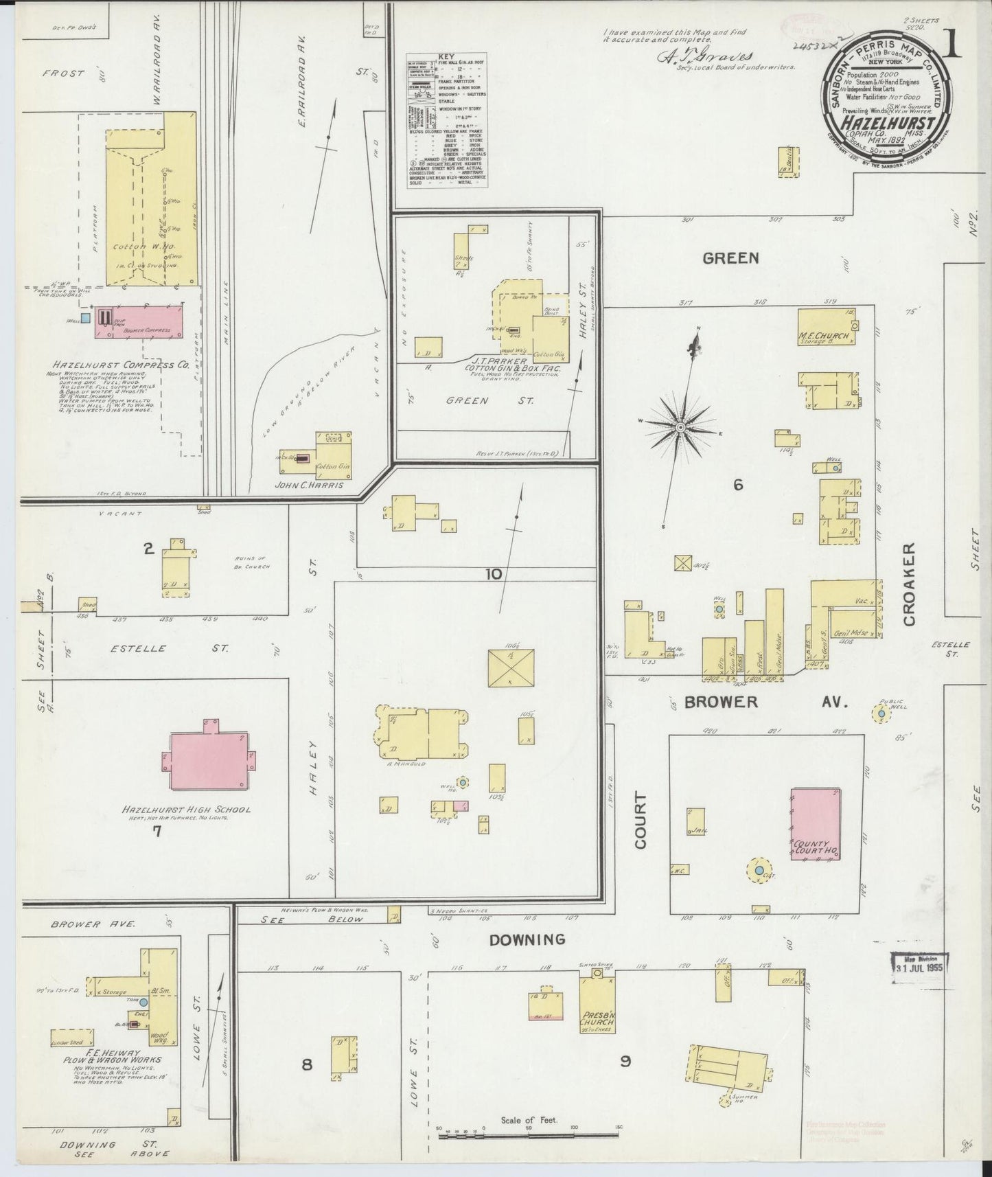 Sanborn Fire Insurance Map from Hazlehurst, Copiah County, Mississippi (1892), Sheet #0001 - Historic Sanborn Fire Insurance Map Print, vintage old map wall art, antique decor, genealogy gift, Mississippi Mississippi map