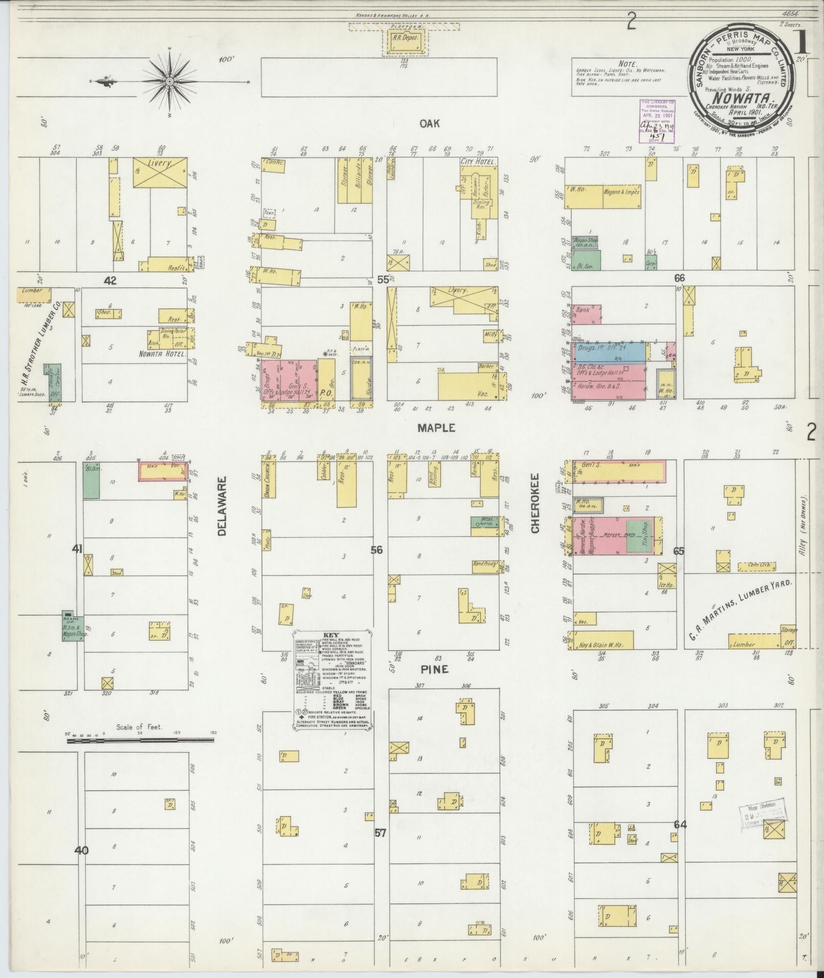 Sanborn Fire Insurance Map from Nowata, Nowata County, Oklahoma (1901), Sheet #0001 - Historic Sanborn Fire Insurance Map Print, vintage old map wall art, antique decor, genealogy gift, Oklahoma Oklahoma map