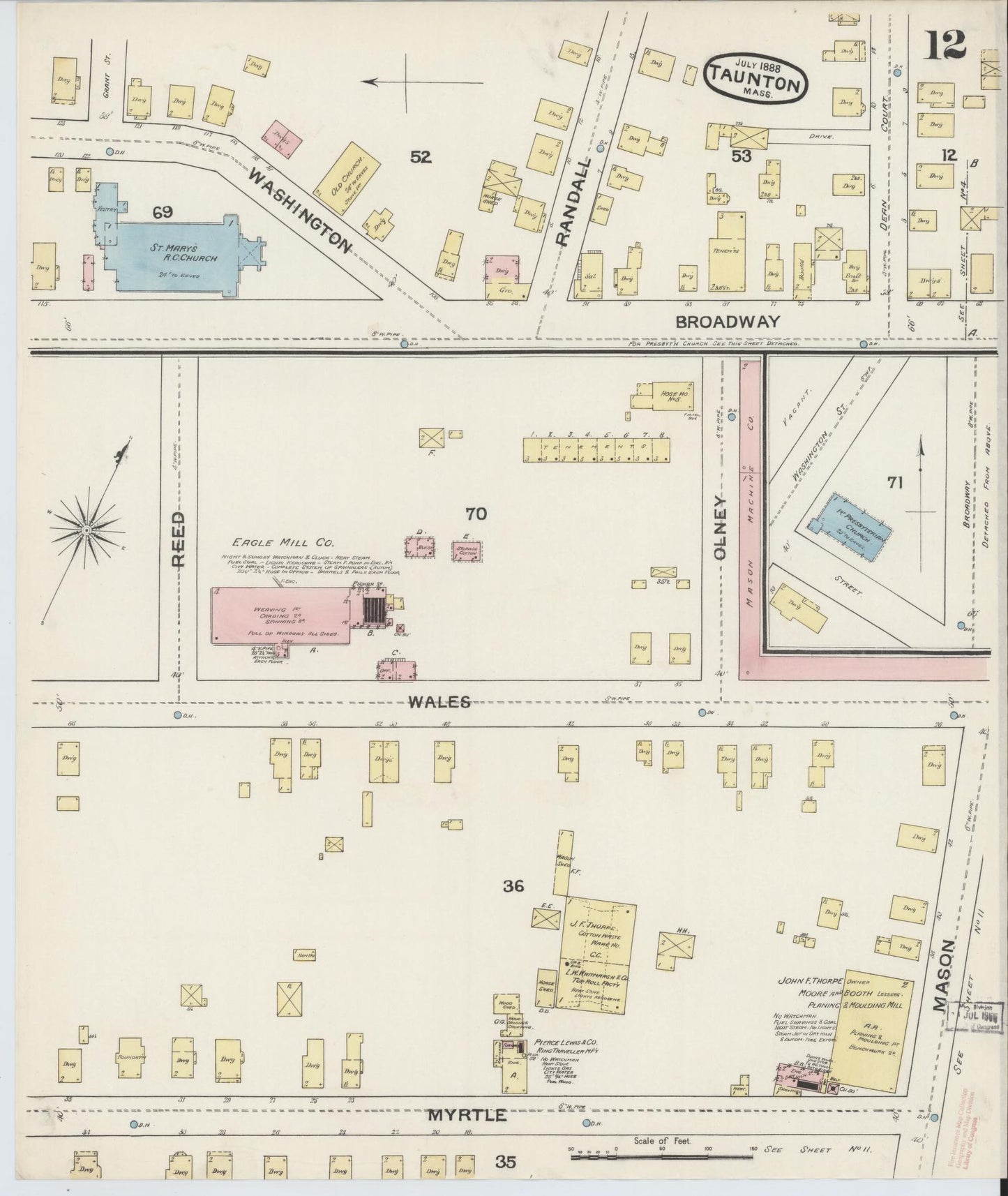 Sanborn Fire Insurance Map from Taunton, Bristol County, Massachusetts (1888), Sheet #0012 - Historic Sanborn Fire Insurance Map Print, vintage old map wall art, antique decor, genealogy gift, Massachusetts Massachusetts map