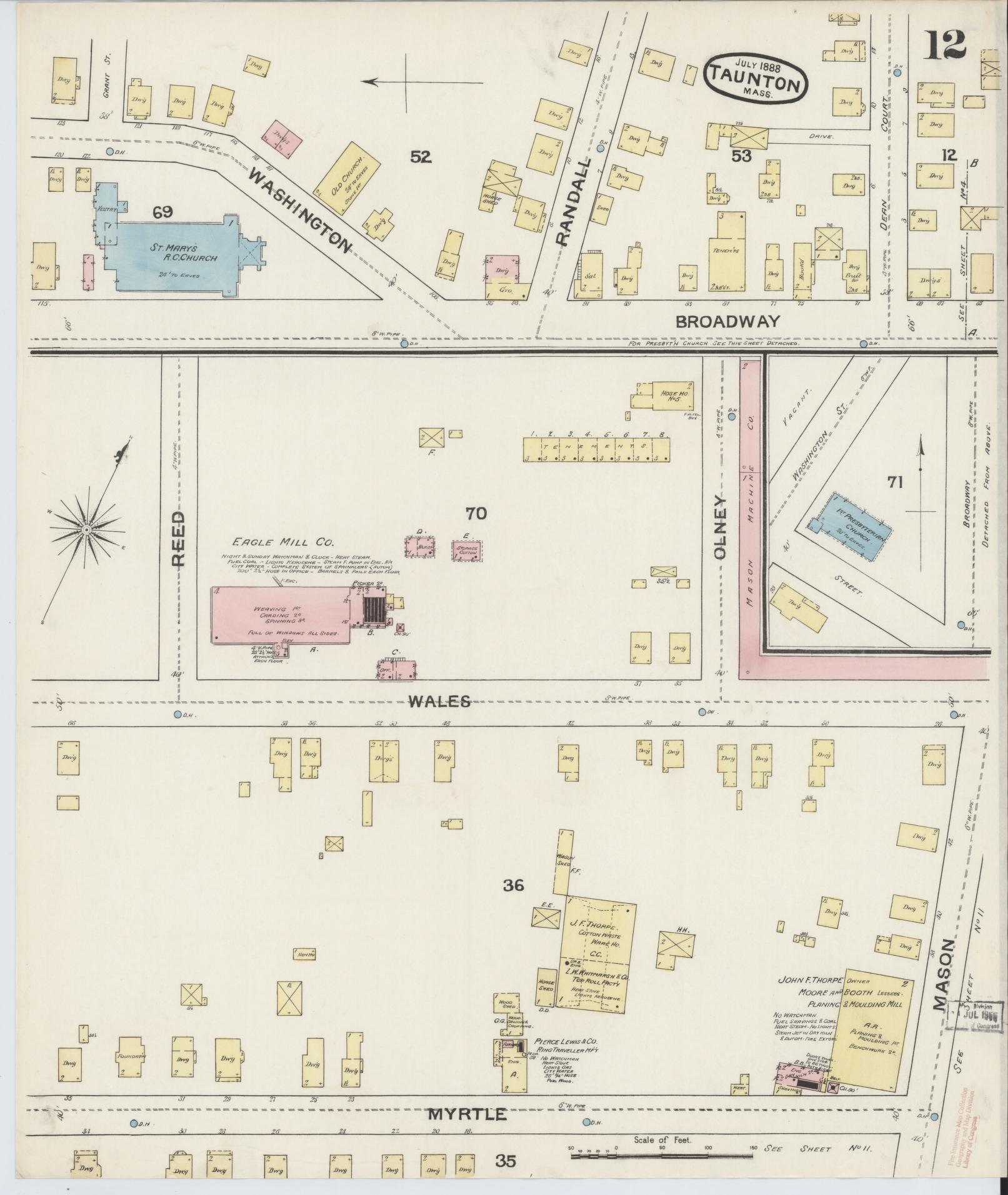 Sanborn Fire Insurance Map from Taunton, Bristol County, Massachusetts (1888), Sheet #0012 - Historic Sanborn Fire Insurance Map Print, vintage old map wall art, antique decor, genealogy gift, Massachusetts Massachusetts map