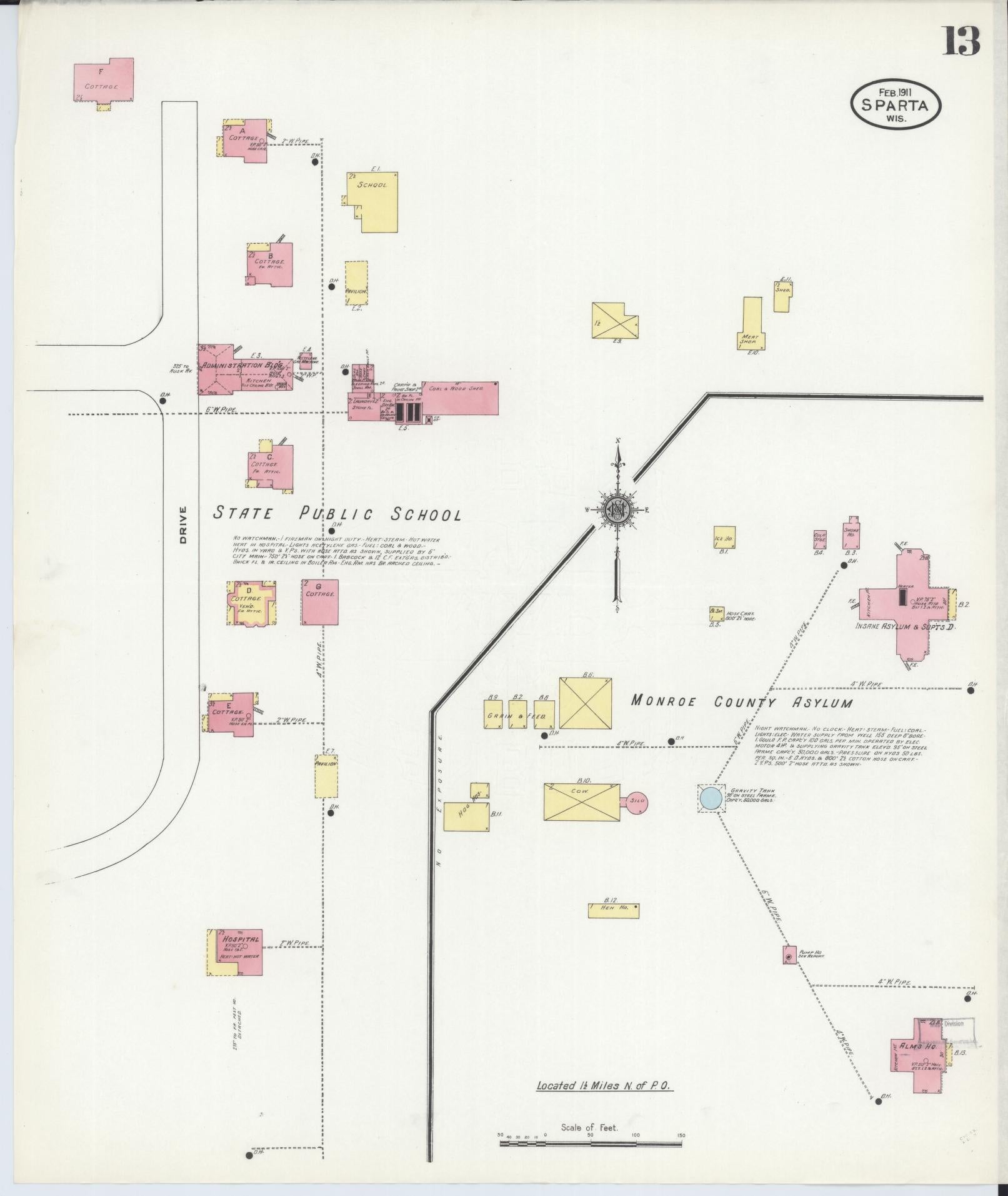 Sanborn Fire Insurance Map from Sparta, Monroe County, Wisconsin (1911), Sheet #0013 - Historic Sanborn Fire Insurance Map Print, vintage old map wall art, antique decor, genealogy gift, Wisconsin Wisconsin map