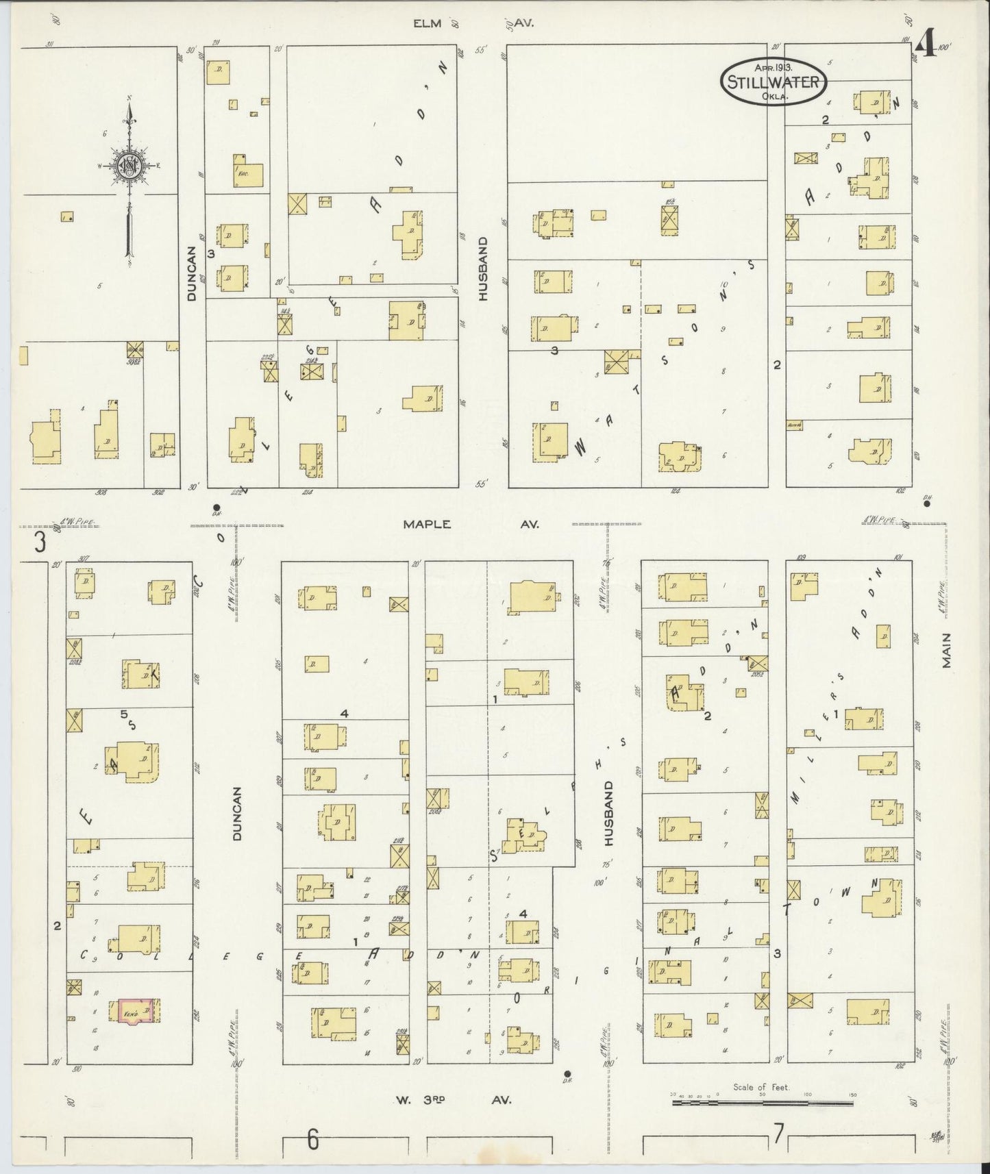 Sanborn Fire Insurance Map from Stillwater, Payne County, Oklahoma (1913), Sheet #0004 - Complete Map Set gallery image, historic Sanborn map, vintage wall art, Oklahoma Oklahoma