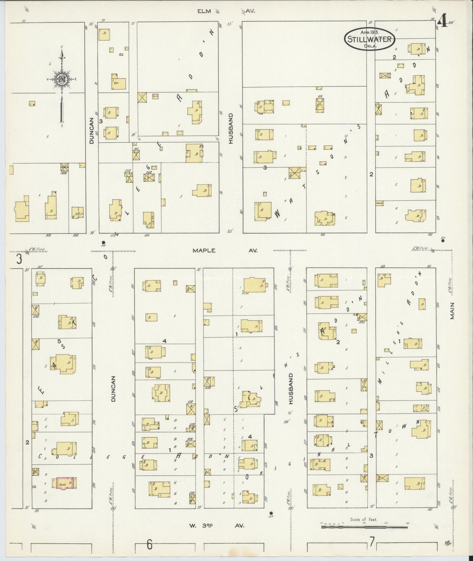 Sanborn Fire Insurance Map from Stillwater, Payne County, Oklahoma (1913), Sheet #0004 - Complete Map Set gallery image, historic Sanborn map, vintage wall art, Oklahoma Oklahoma