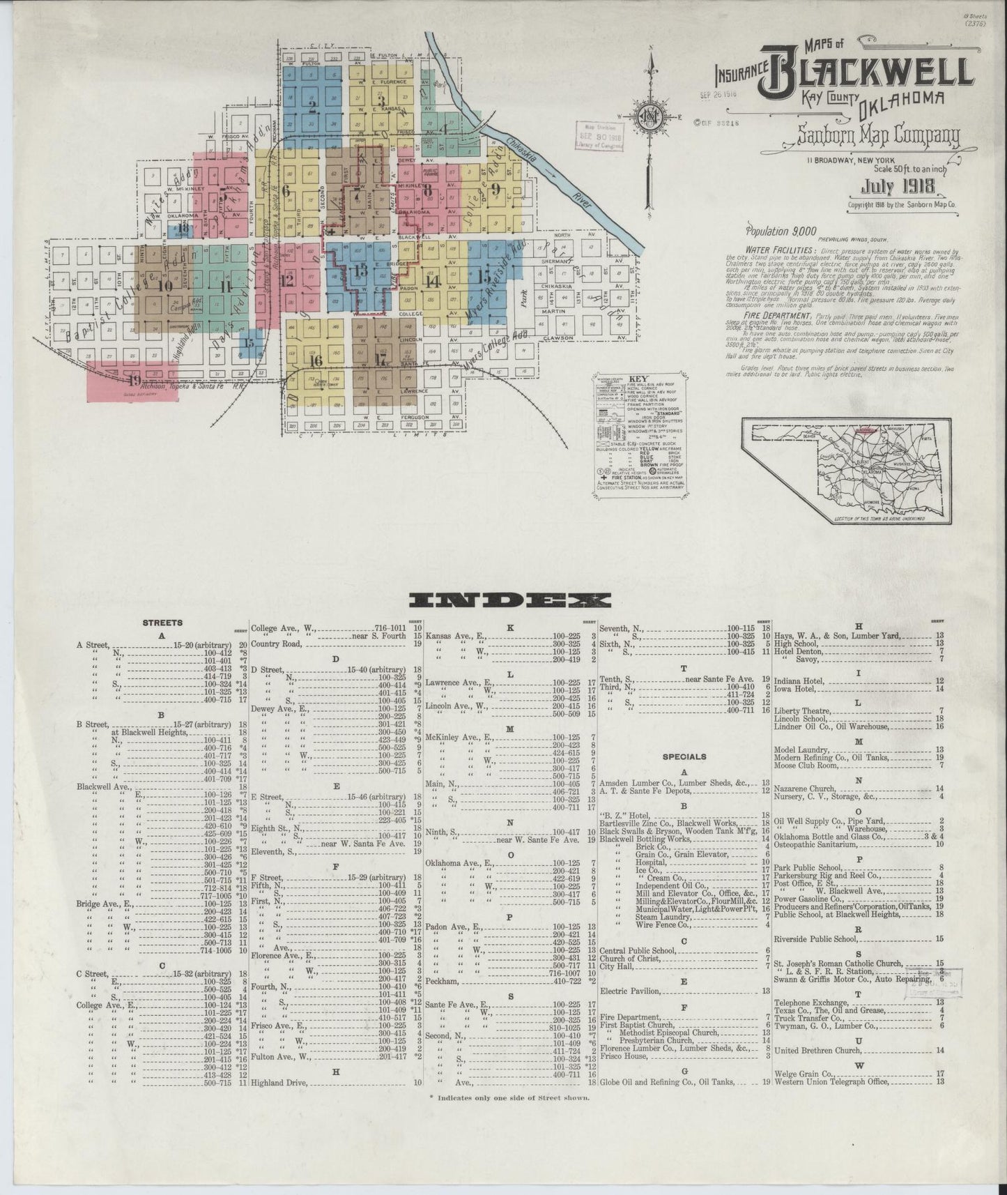 Sanborn Fire Insurance Map from Blackwell, Kay County, Oklahoma (1918), Sheet #0001 - Historic Sanborn Fire Insurance Map Print, vintage old map wall art, antique decor, genealogy gift, Oklahoma Oklahoma map