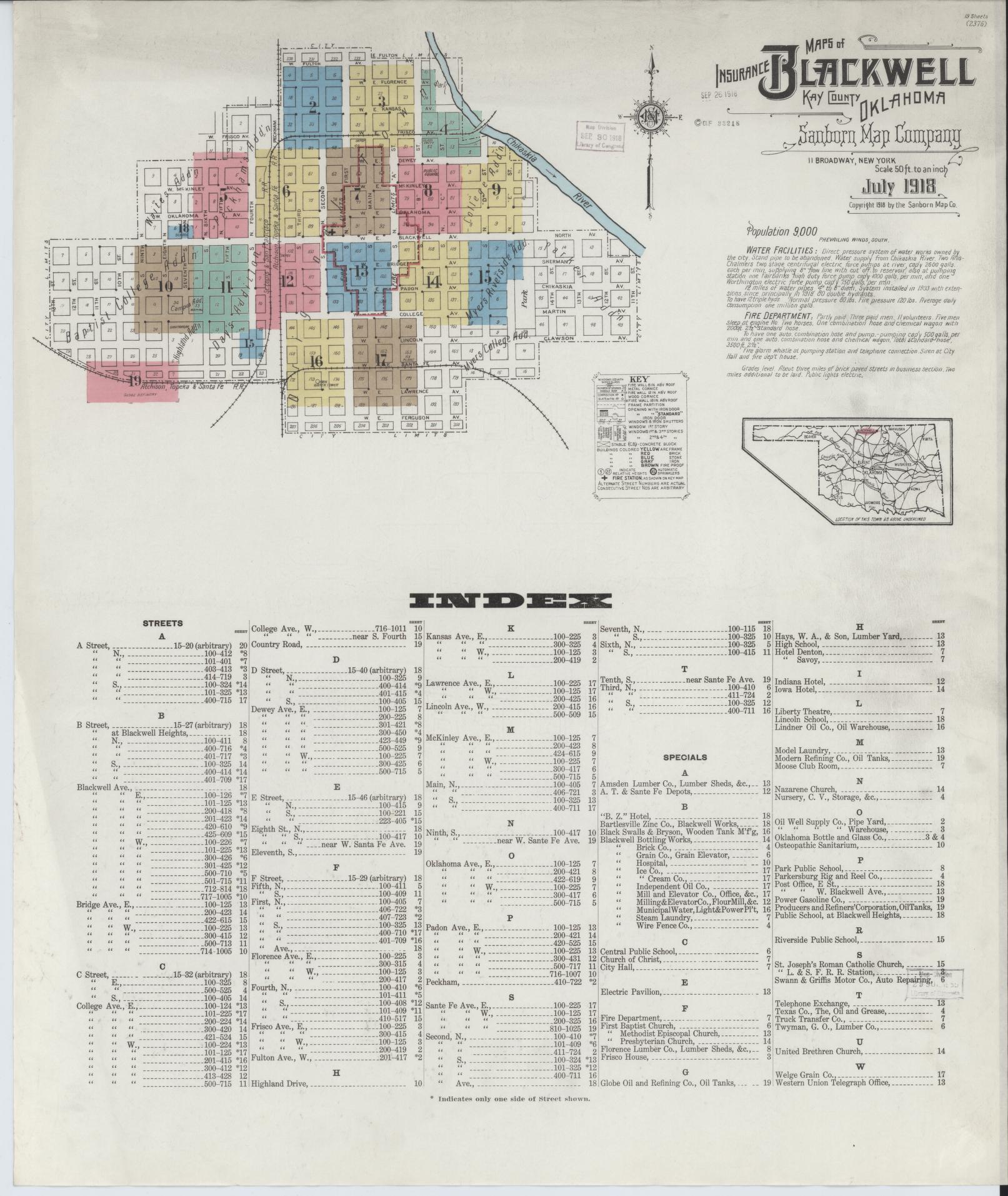 Sanborn Fire Insurance Map from Blackwell, Kay County, Oklahoma (1918), Sheet #0001 - Historic Sanborn Fire Insurance Map Print, vintage old map wall art, antique decor, genealogy gift, Oklahoma Oklahoma map