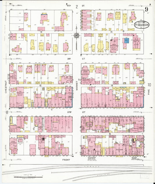 Sanborn Fire Insurance Map from Fort Madison, Lee County, Iowa (1919), Sheet #0009 - Historic Sanborn Fire Insurance Map Print, vintage old map wall art