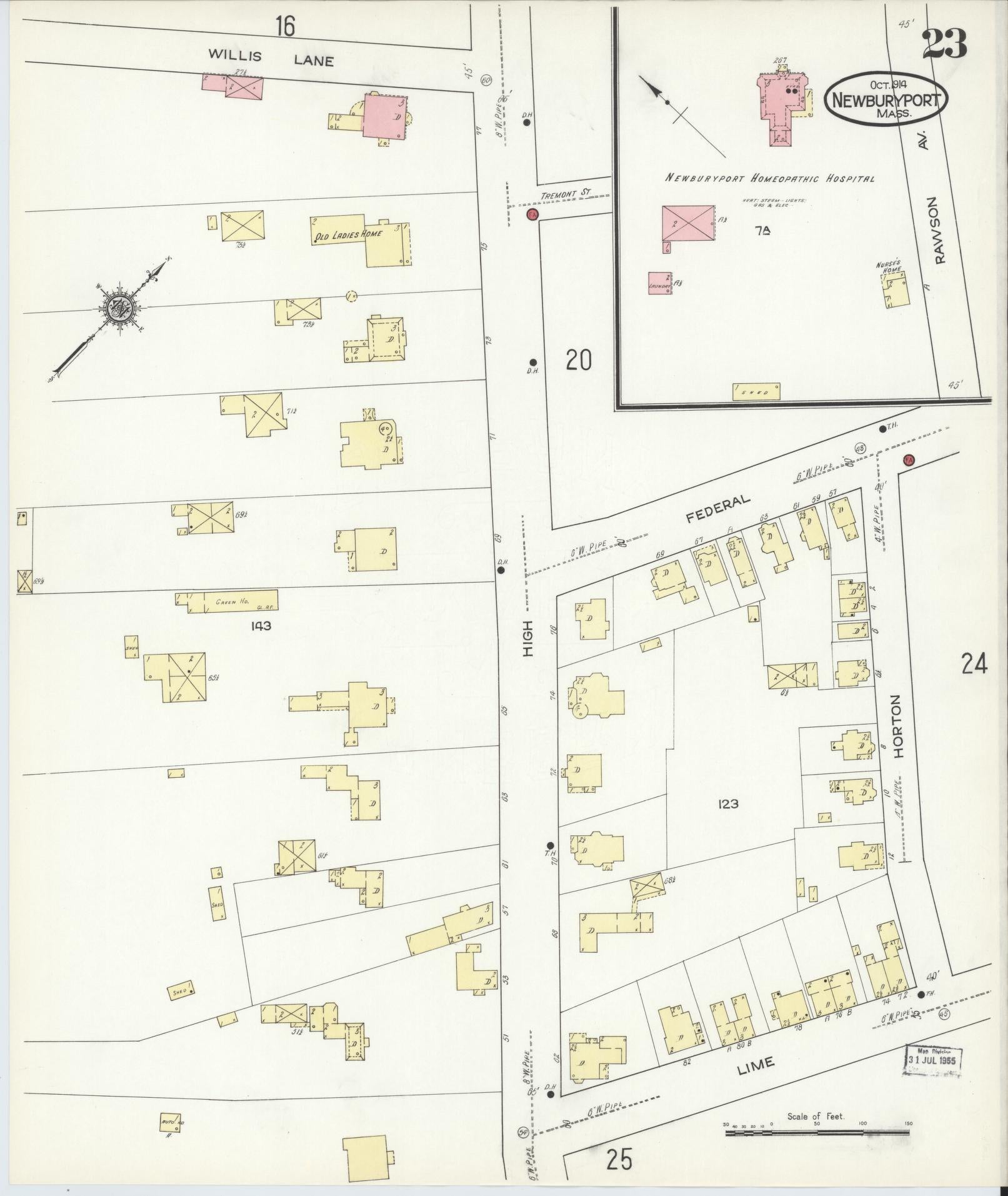 Sanborn Fire Insurance Map from Newburyport, Essex County, Massachusetts (1914), Sheet #0023 - Historic Sanborn Fire Insurance Map Print, vintage old map wall art, antique decor, genealogy gift, Massachusetts Massachusetts map