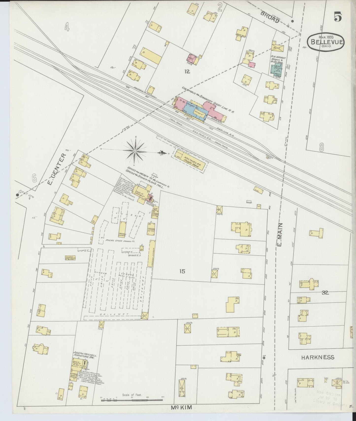 Sanborn Fire Insurance Map from Bellevue, Huron And Sandusky County, Ohio (1893), Sheet #0005 - Historic Sanborn Fire Insurance Map Print, vintage old map wall art, antique decor, genealogy gift, Ohio Ohio map