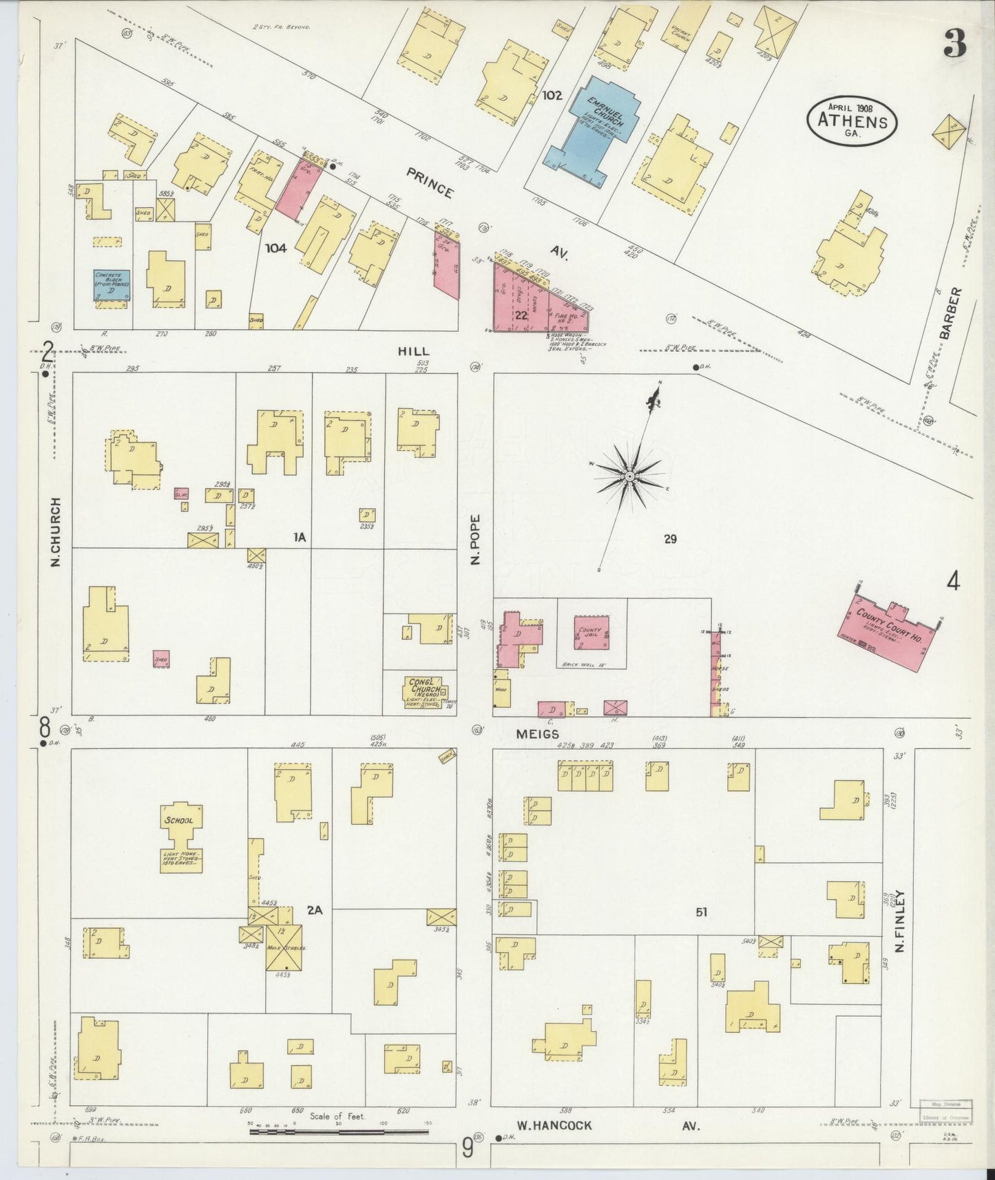 Sanborn Fire Insurance Map from Athens, Clarke County, Georgia (1908), Sheet #0003 - Complete Map Set gallery image, historic Sanborn map, vintage wall art, Georgia Georgia
