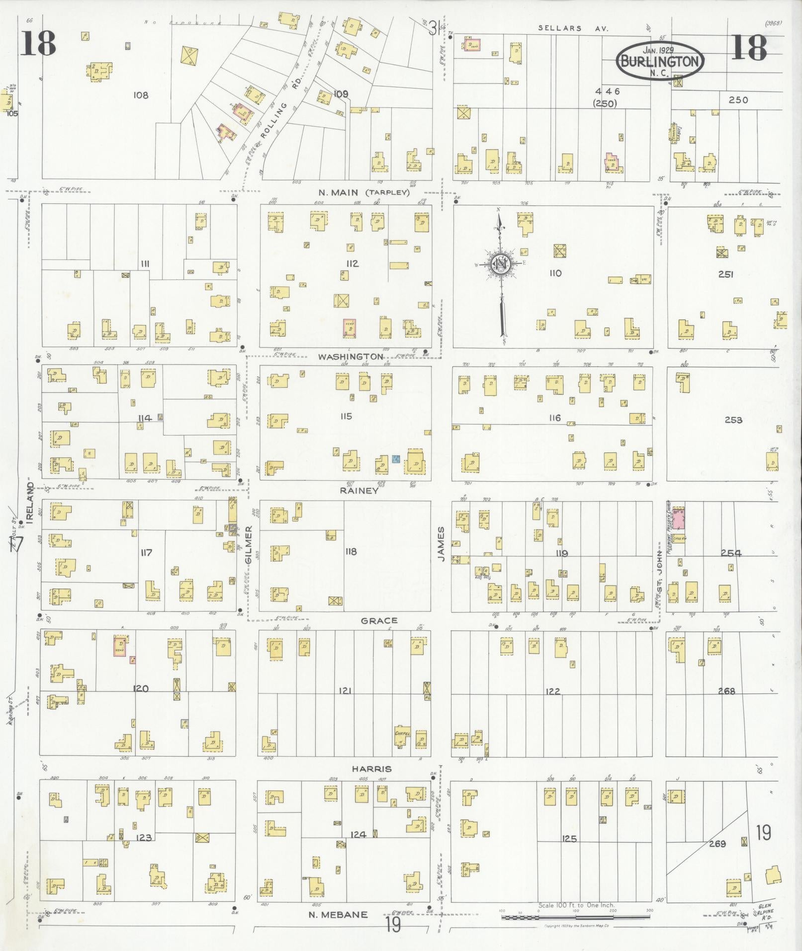 Sanborn Fire Insurance Map from Burlington, Alamance County, North Carolina (1929), Sheet #0018 - Historic Sanborn Fire Insurance Map Print, vintage old map wall art, antique decor, genealogy gift, North Carolina North Carolina map