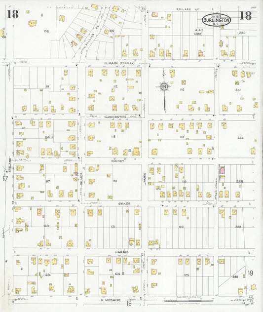 Sanborn Fire Insurance Map from Burlington, Alamance County, North Carolina (1929), Sheet #0018 - Historic Sanborn Fire Insurance Map Print, vintage old map wall art, antique decor, genealogy gift, North Carolina North Carolina map
