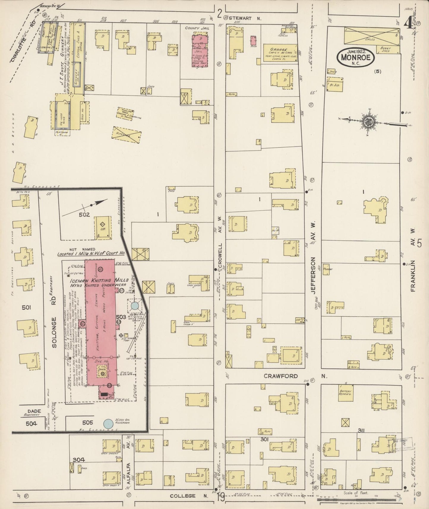 Sanborn Fire Insurance Map from Monroe, Union County, North Carolina (1922), Sheet #0004 - Complete Map Set gallery image, historic Sanborn map, vintage wall art, North Carolina North Carolina