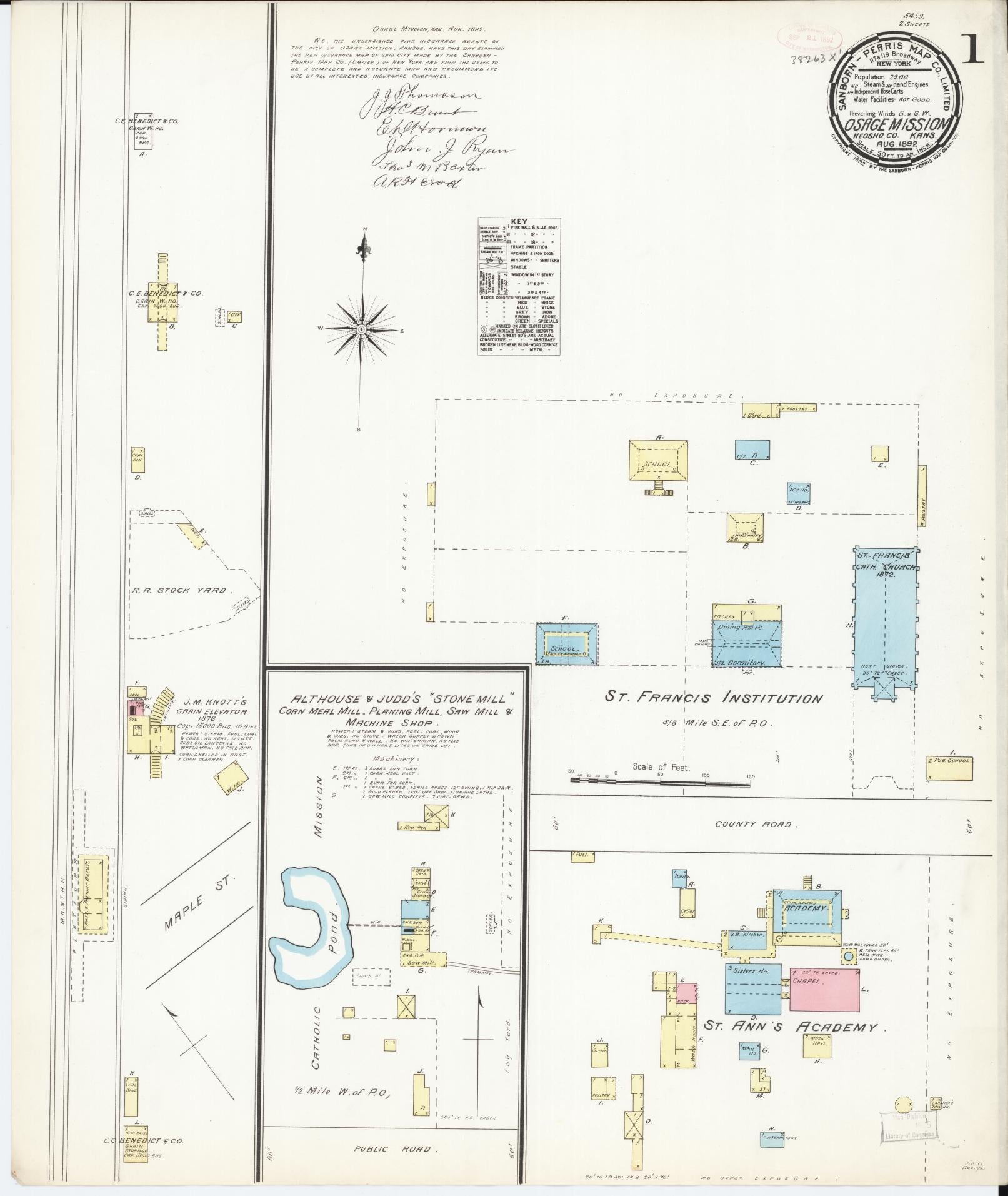 Sanborn Fire Insurance Map from Osage Mission, Neosbe County, Kansas (1892), Sheet #0001 - Complete Map Set gallery image, historic Sanborn map, vintage wall art, Kansas Kansas