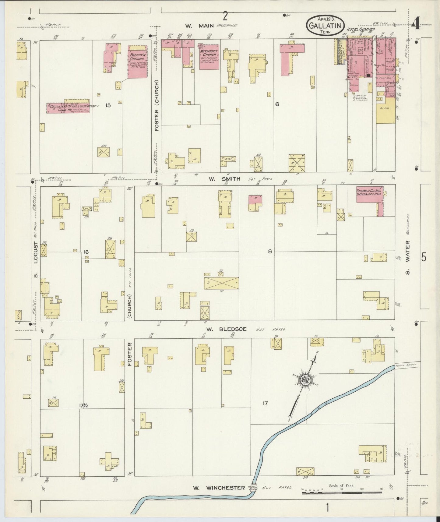 Sanborn Fire Insurance Map from Gallatin, Sumner County, Tennessee (1913), Sheet #0004 - Complete Map Set gallery image, historic Sanborn map, vintage wall art, Tennessee Tennessee
