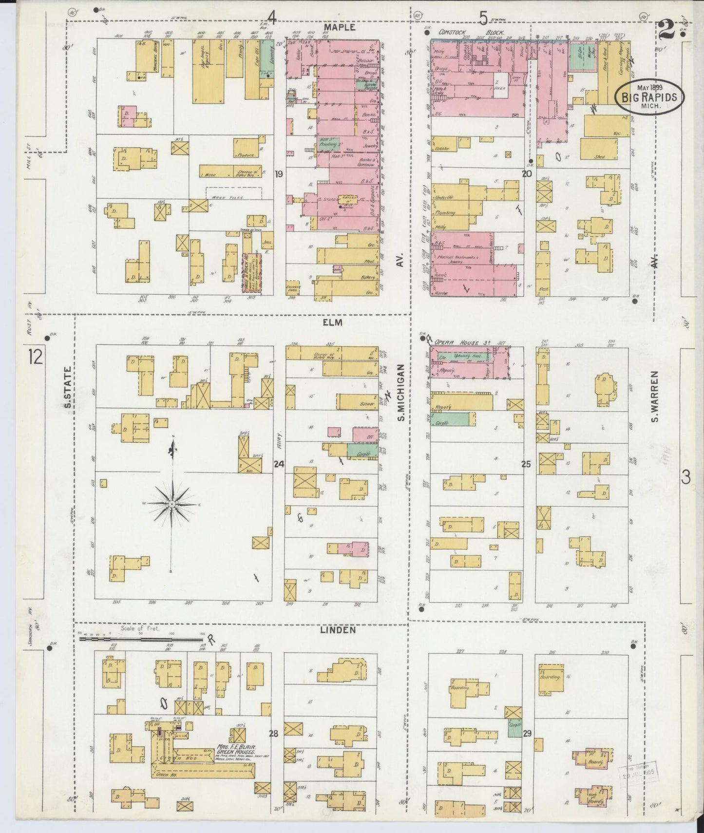 Sanborn Fire Insurance Map from Big Rapids, Mecosta County, Michigan (1899), Sheet #0002 - Complete Map Set gallery image, historic Sanborn map, vintage wall art, Michigan Michigan
