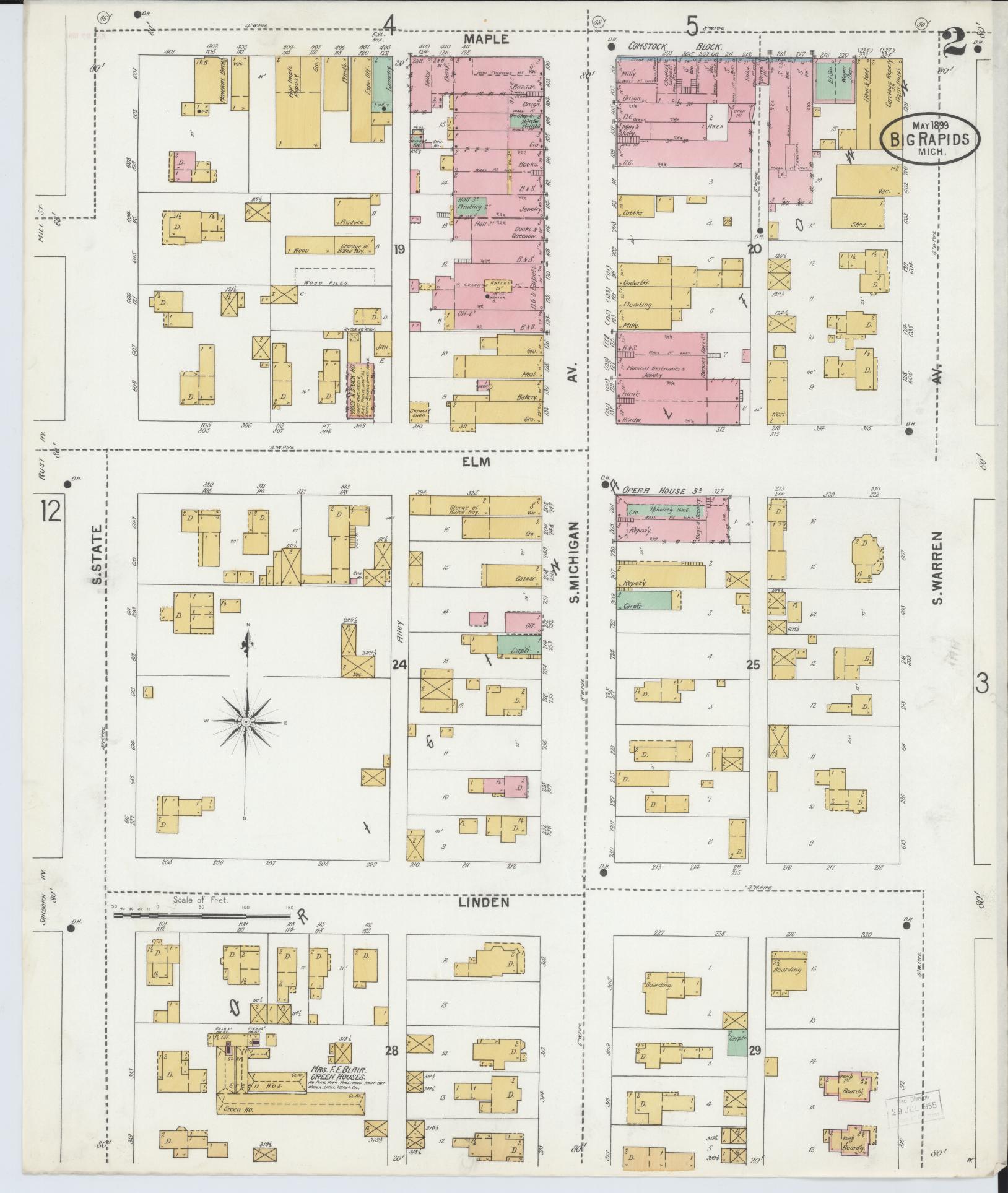 Sanborn Fire Insurance Map from Big Rapids, Mecosta County, Michigan (1899), Sheet #0002 - Complete Map Set gallery image, historic Sanborn map, vintage wall art, Michigan Michigan