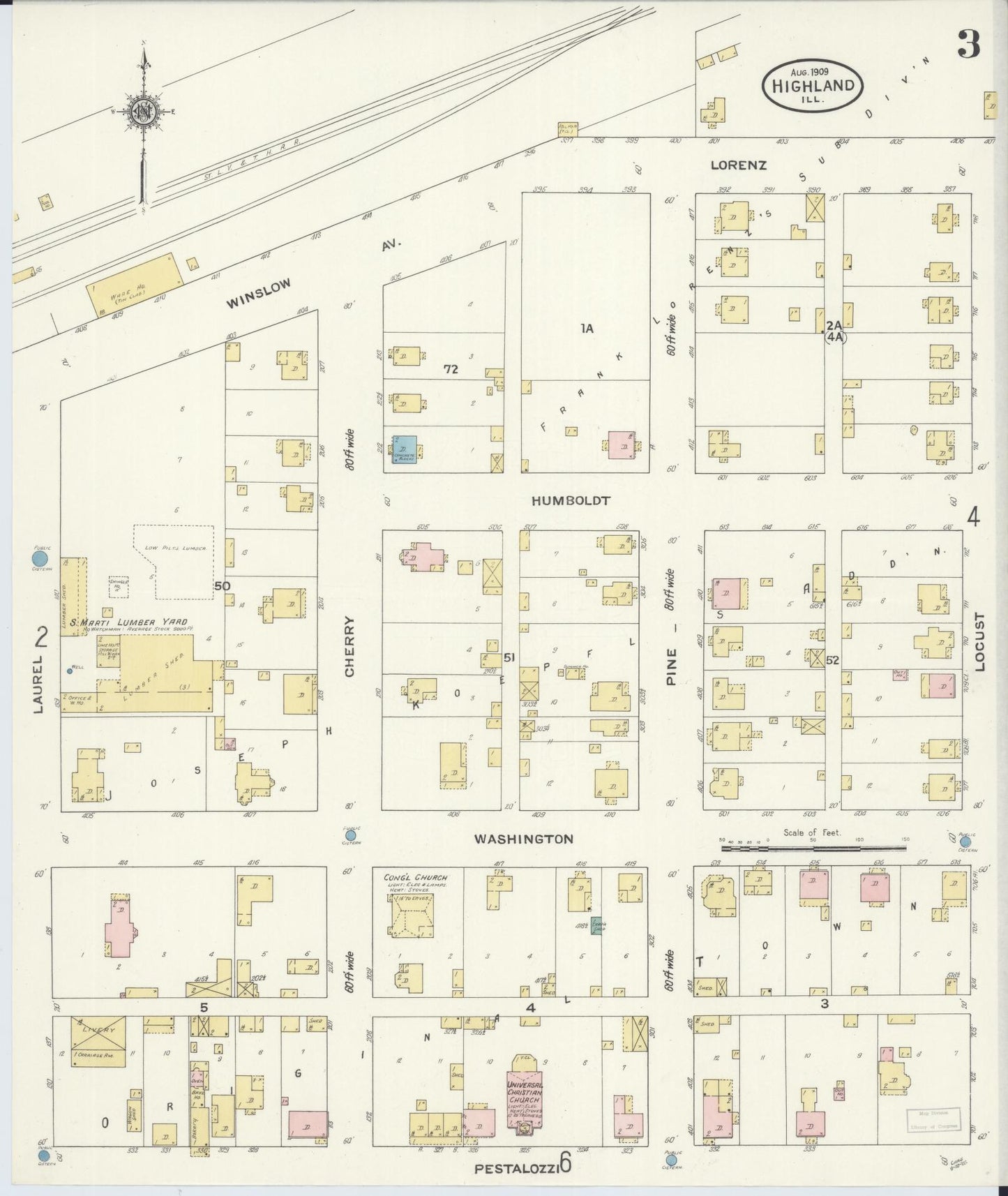 Sanborn Fire Insurance Map from Highland, Madison County, Illinois (1908), Sheet #0003 - Historic Sanborn Fire Insurance Map Print, vintage old map wall art, antique decor, genealogy gift, Illinois Illinois map