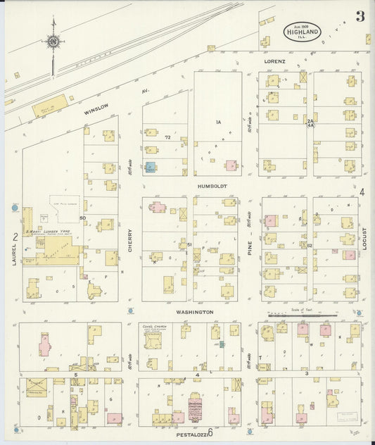 Sanborn Fire Insurance Map from Highland, Madison County, Illinois (1908), Sheet #0003 - Historic Sanborn Fire Insurance Map Print, vintage old map wall art, antique decor, genealogy gift, Illinois Illinois map