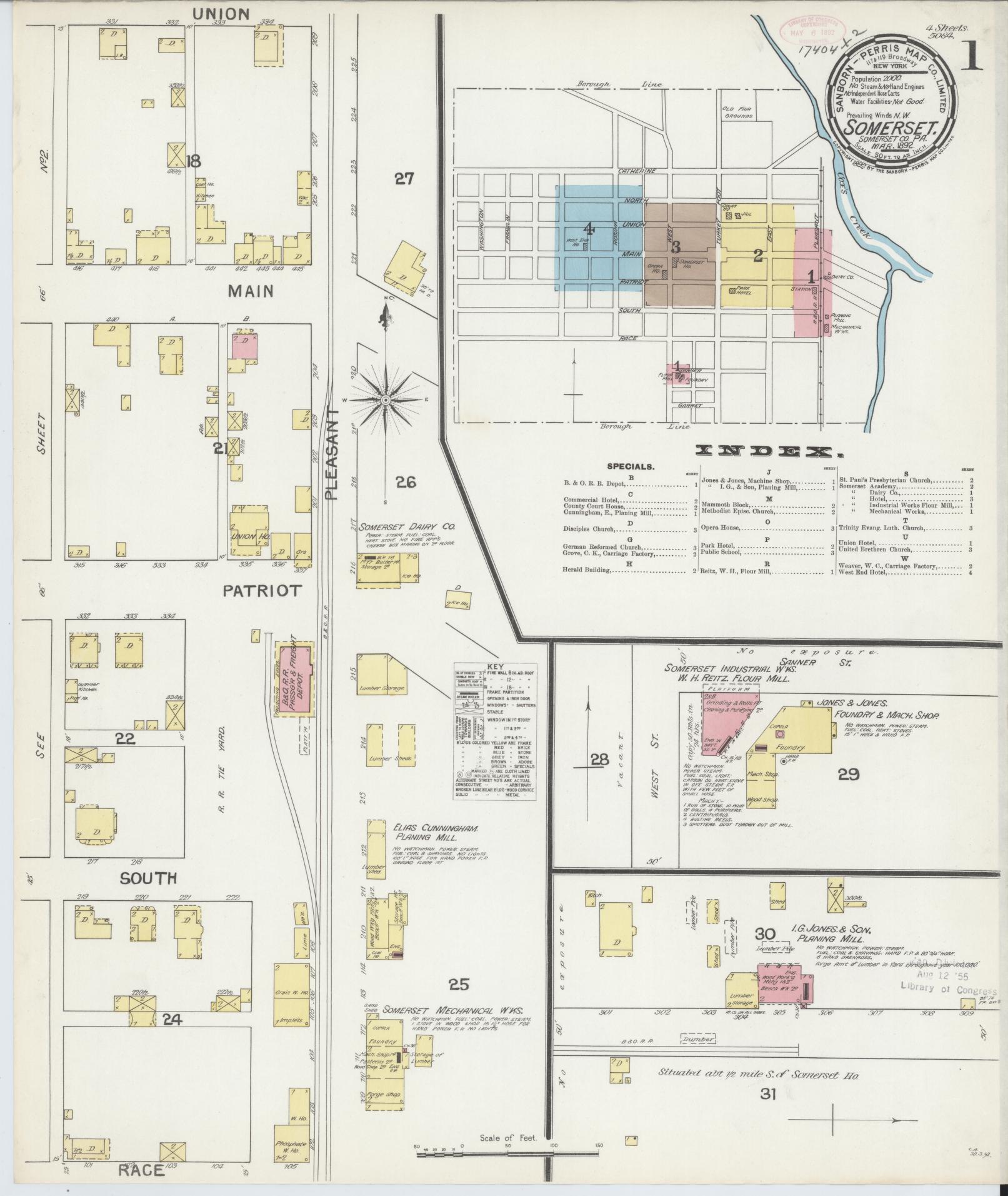 Sanborn Fire Insurance Map from Somerset, Somerset County, Pennsylvania (1892), Sheet #0001 - Complete Map Set gallery image, historic Sanborn map, vintage wall art, Pennsylvania Pennsylvania