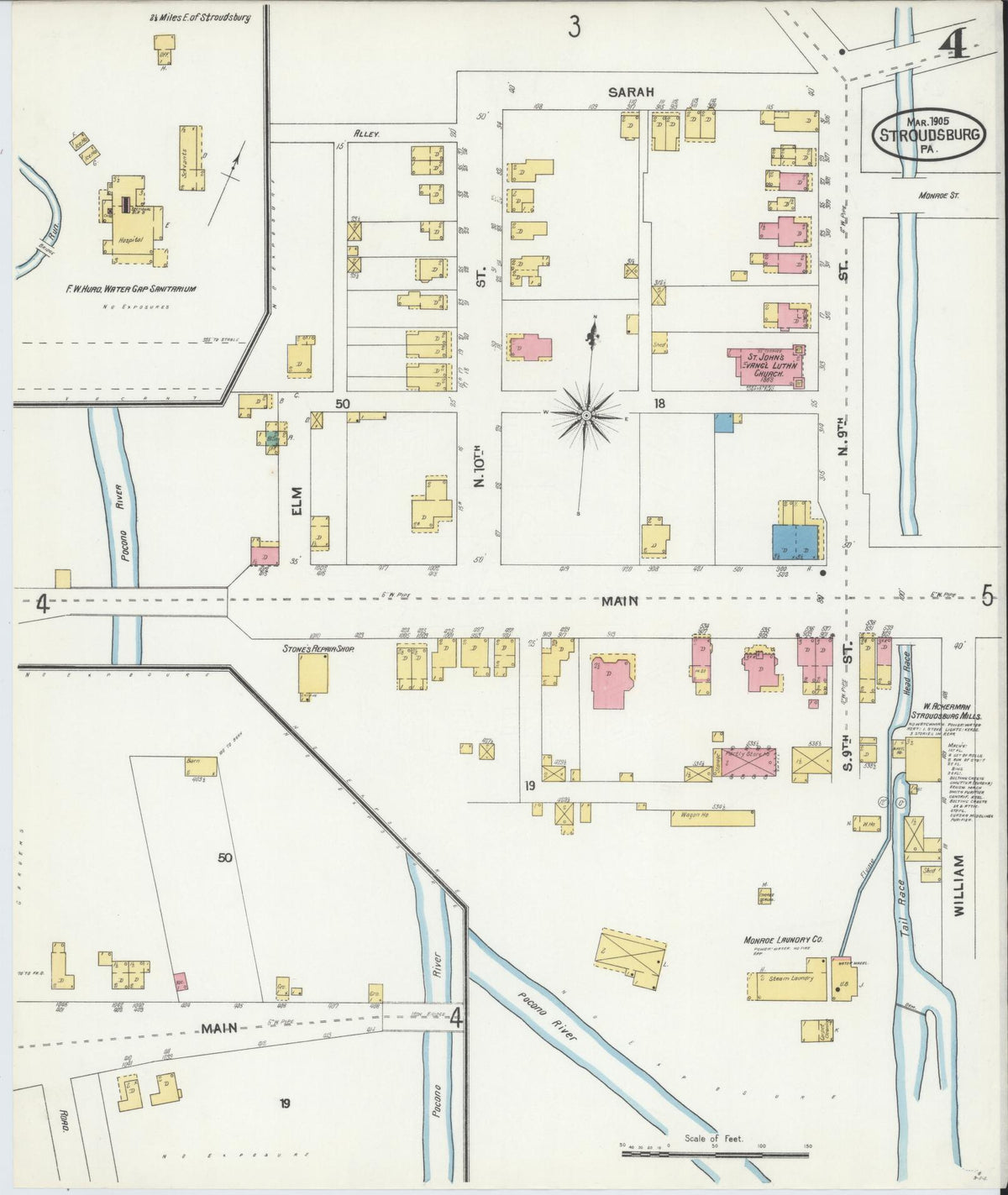 Sanborn Fire Insurance Map from Stroudsburg, Monroe County, Pennsylvania (1905), Sheet #0004 - Historic Sanborn Fire Insurance Map Print, vintage old map wall art, antique decor, genealogy gift, Pennsylvania Pennsylvania map