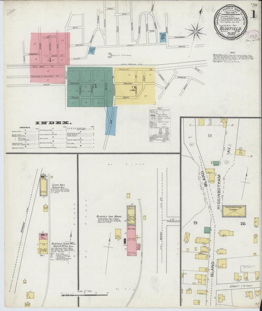 Sanborn Fire Insurance Map from Bluefield, Mercer County, West Virginia (1893), Sheet #0001 - Historic Sanborn Fire Insurance Map Print, vintage old map wall art, antique decor, genealogy gift, West Virginia West Virginia map