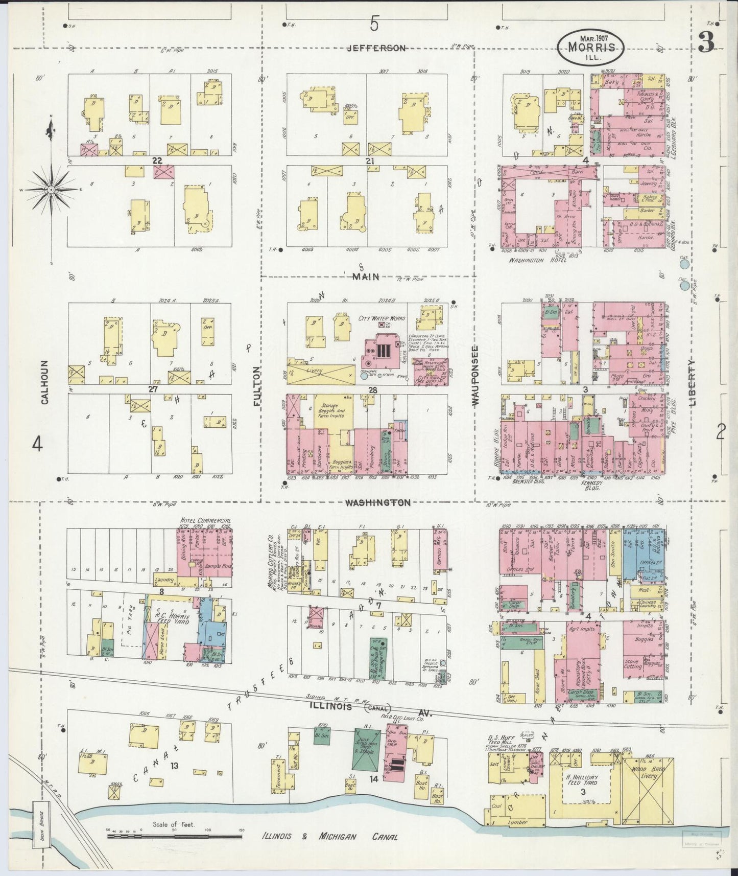Sanborn Fire Insurance Map from Morris, Grundy County, Illinois (1907), Sheet #0003 - Complete Map Set gallery image, historic Sanborn map, vintage wall art, Illinois Illinois