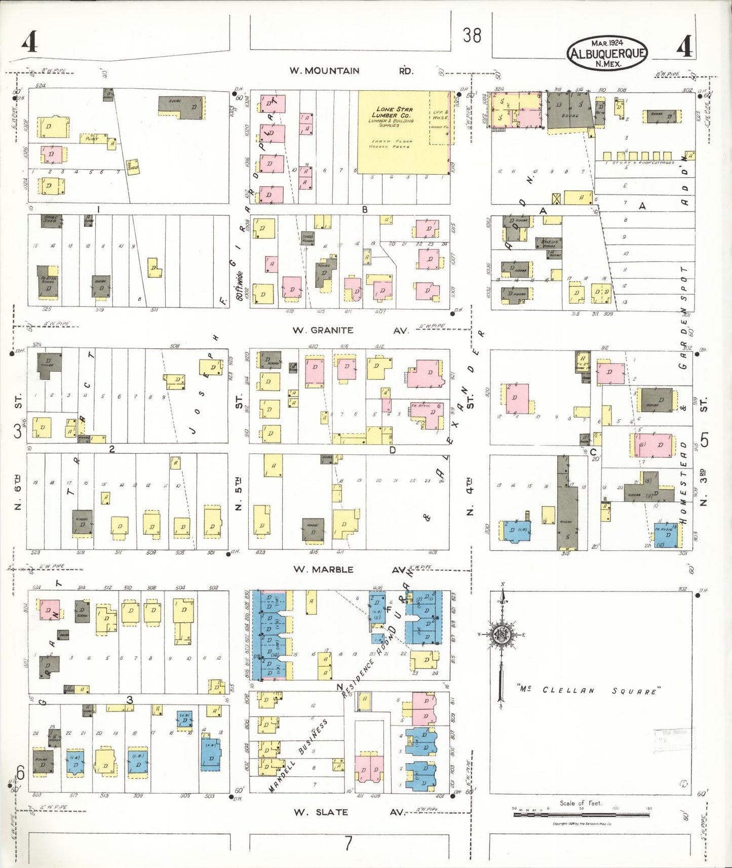 Sanborn Fire Insurance Map from Albuquerque, Bernalillo County, New Mexico (1924), Sheet #0004 - Historic Sanborn Fire Insurance Map Print, vintage old map wall art, antique decor, genealogy gift, New Mexico New Mexico map