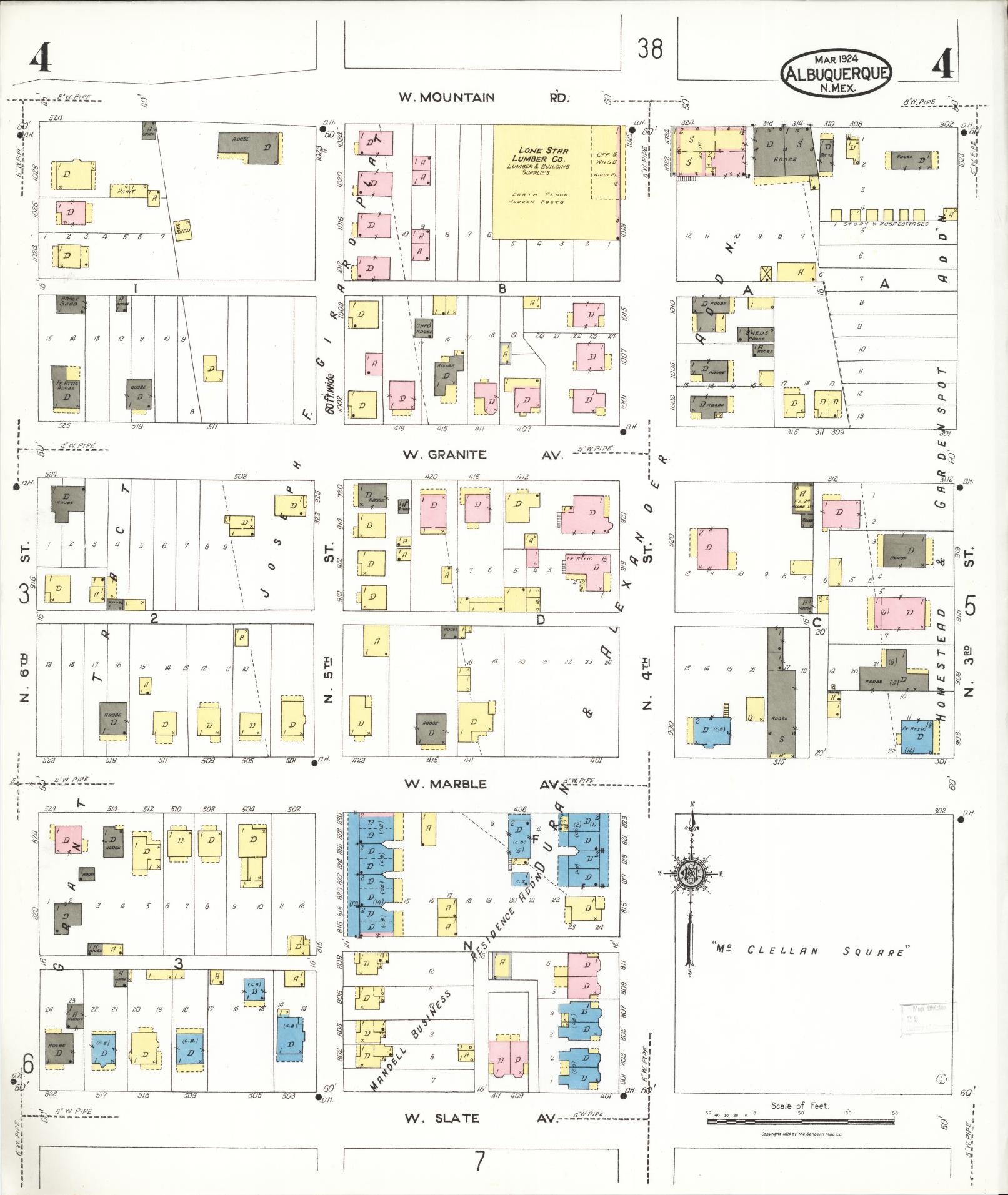 Sanborn Fire Insurance Map from Albuquerque, Bernalillo County, New Mexico (1924), Sheet #0004 - Historic Sanborn Fire Insurance Map Print, vintage old map wall art, antique decor, genealogy gift, New Mexico New Mexico map