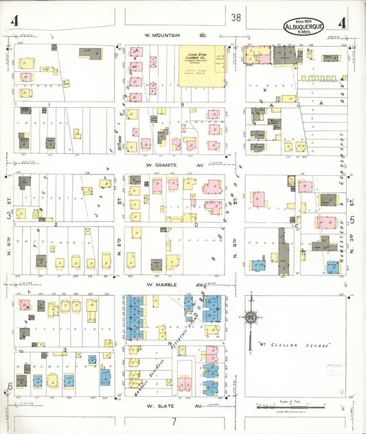 Sanborn Fire Insurance Map from Albuquerque, Bernalillo County, New Mexico (1924), Sheet #0004 - Historic Sanborn Fire Insurance Map Print, vintage old map wall art, antique decor, genealogy gift, New Mexico New Mexico map