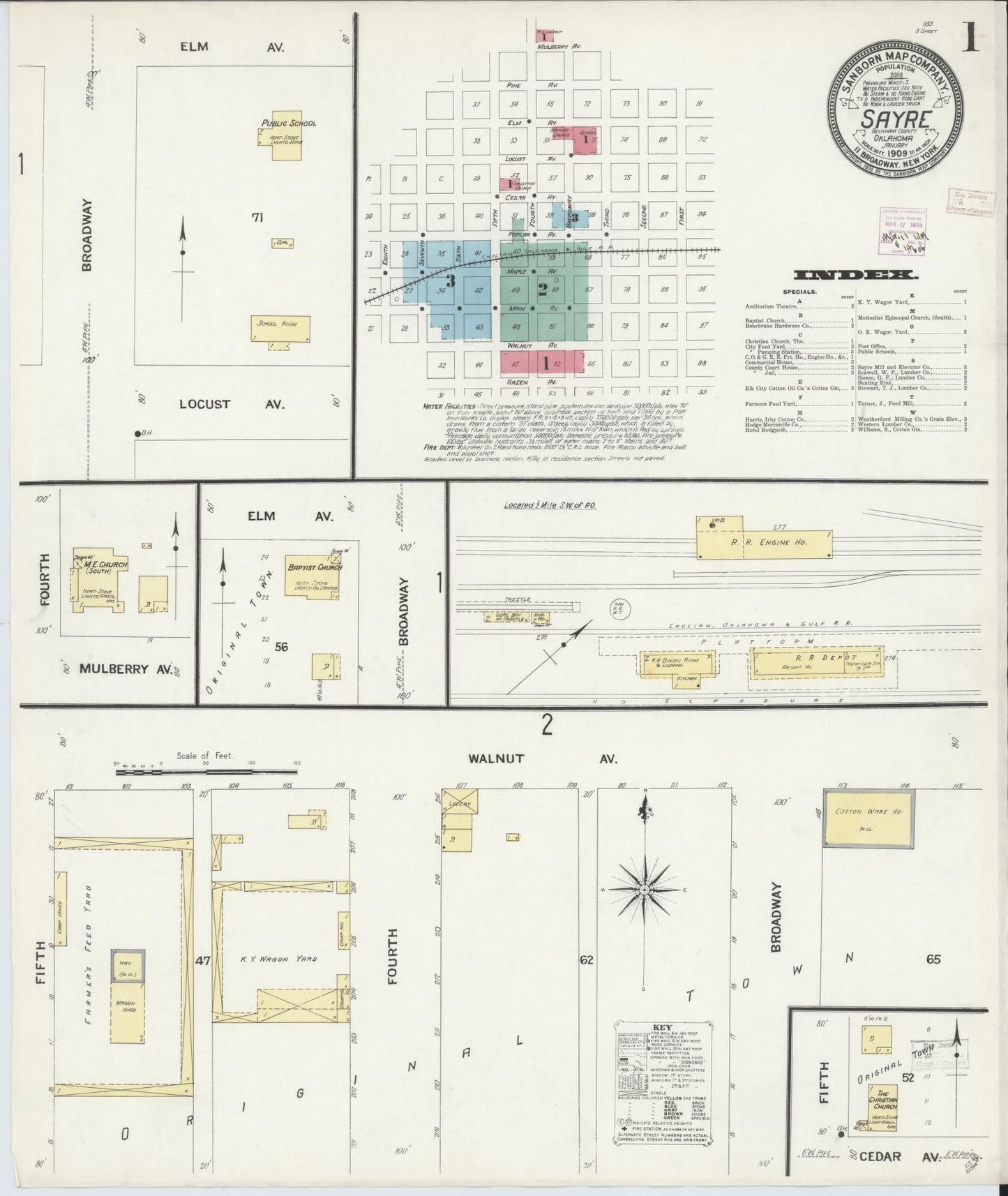 Sanborn Fire Insurance Map from Sayre, Beckham County, Oklahoma (1909), Sheet #0001 - Historic Sanborn Fire Insurance Map Print, vintage old map wall art, antique decor, genealogy gift, Oklahoma Oklahoma map
