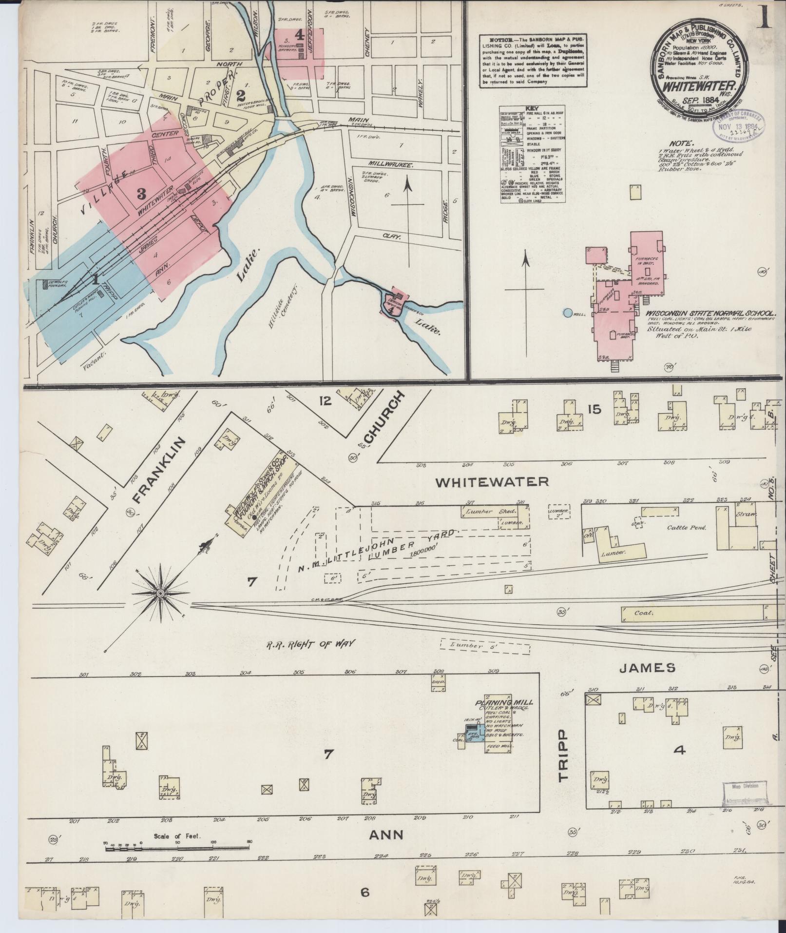 Sanborn Fire Insurance Map from Whitewater, Walworth County, Wisconsin (1884), Sheet #0001 - Complete Map Set gallery image, historic Sanborn map, vintage wall art, Wisconsin Wisconsin