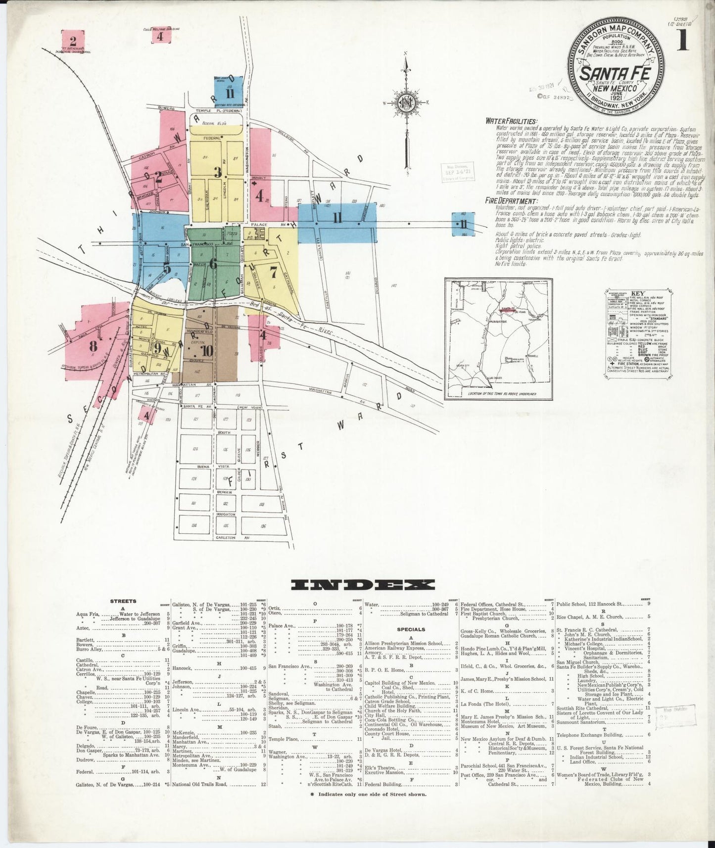 Sanborn Fire Insurance Map from Santa Fe, Santa Fe County, New Mexico. (1921) – Historic Sanborn Fire Insurance Map Print