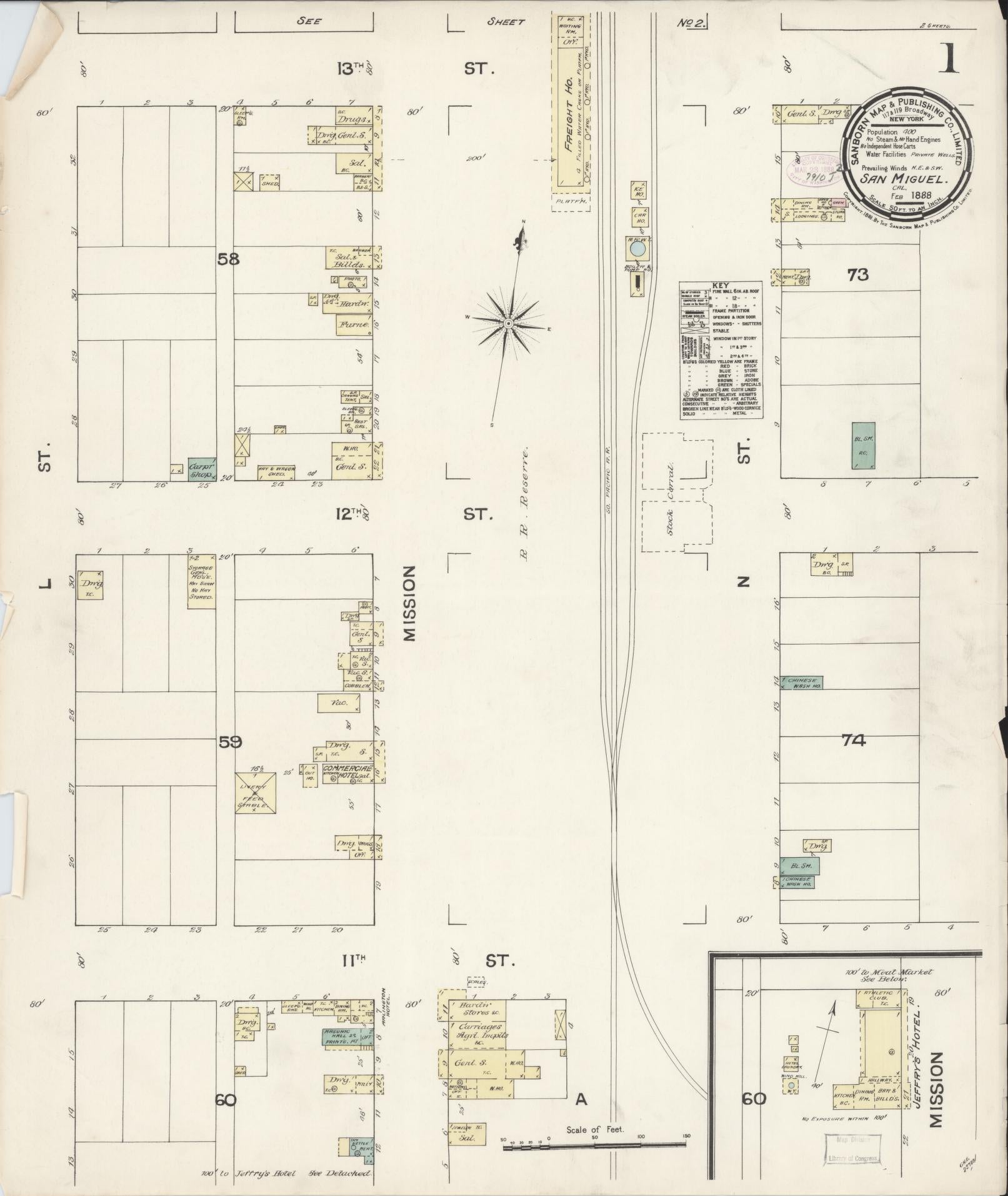 Sanborn Fire Insurance Map from San Miguel, San Luis Obispo County, California (1888), Sheet #0001 - Complete Map Set gallery image, historic Sanborn map, vintage wall art, California California
