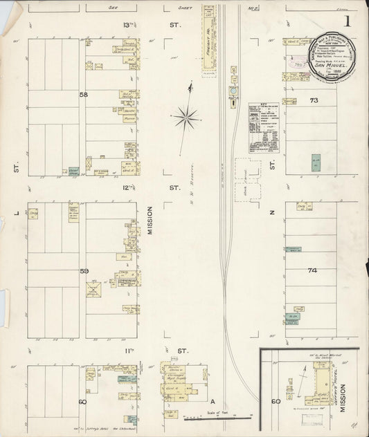 Sanborn Fire Insurance Map from San Miguel, San Luis Obispo County, California (1888), Sheet #0001 - Complete Map Set gallery image, historic Sanborn map, vintage wall art, California California